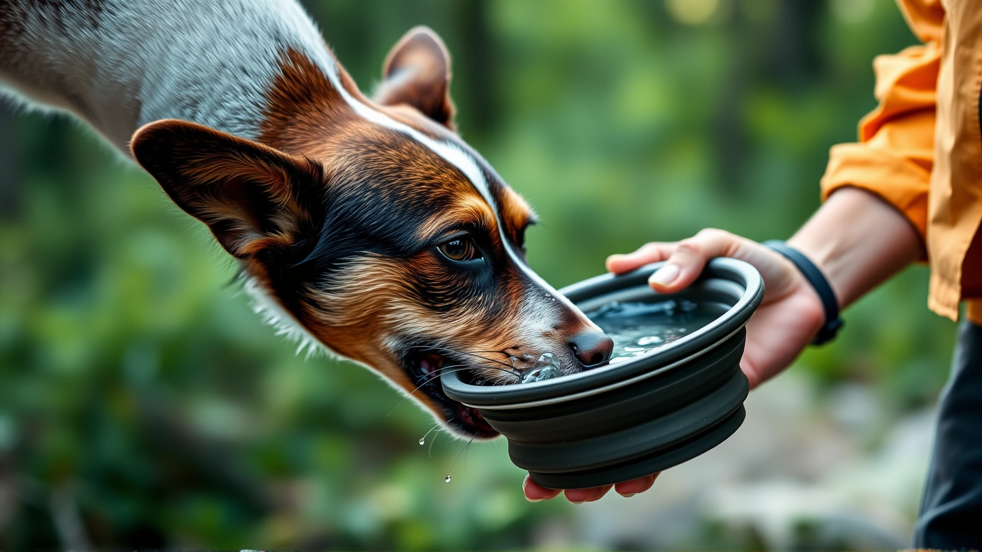 Close-up of a dog drinking fresh water from a collapsible bowl held by a hiker's hand, blurred green forest background creating a refreshing feel.