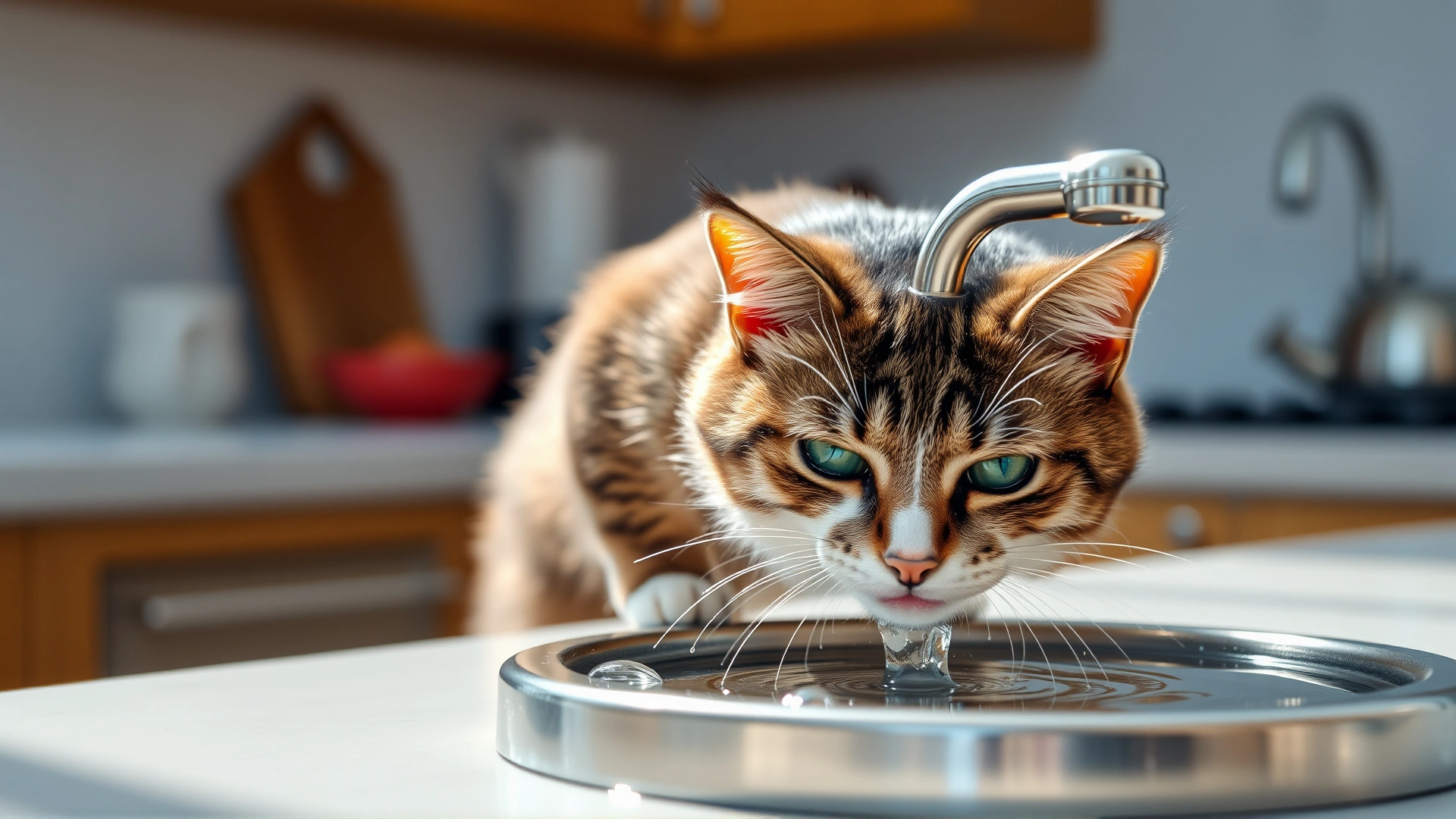 Cat drinking fresh water from a stainless steel water fountain, bright kitchen setting