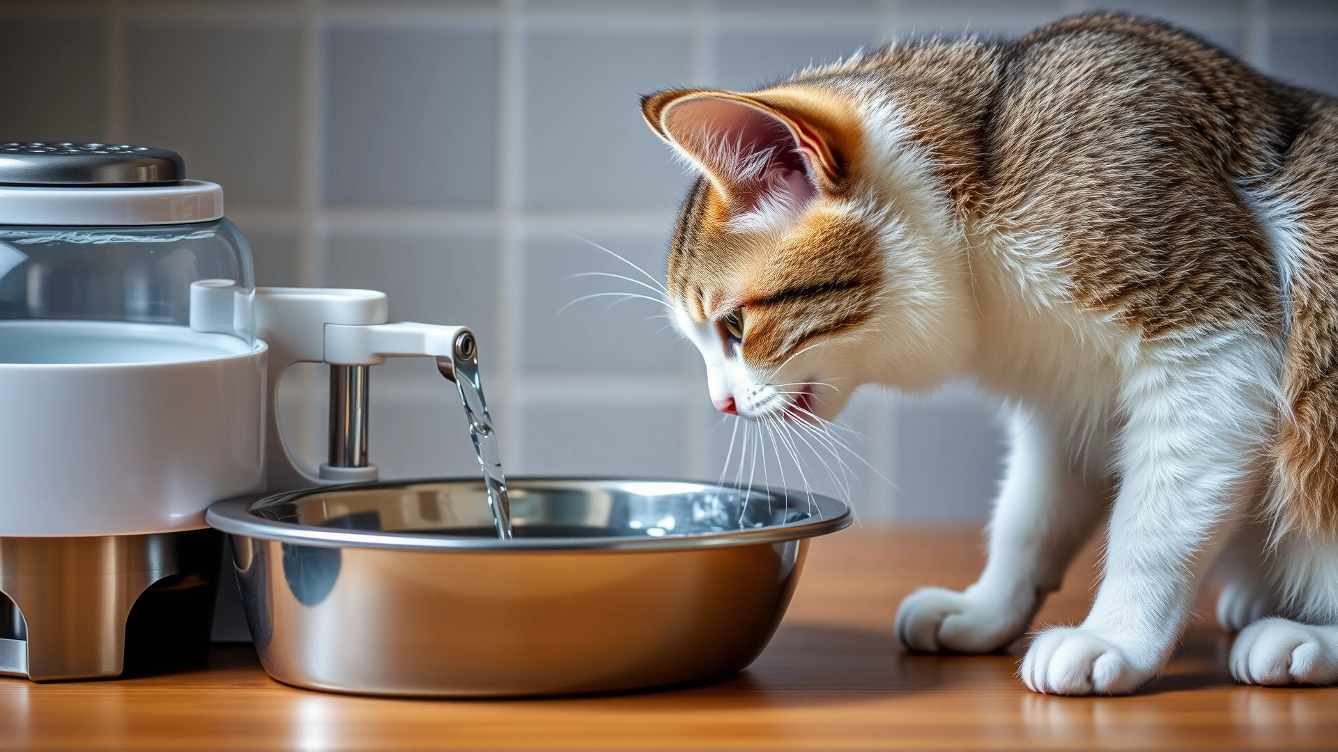 Cat drinking fresh water from a stainless-steel bowl beside a pet water fountain in a kitchen setting.