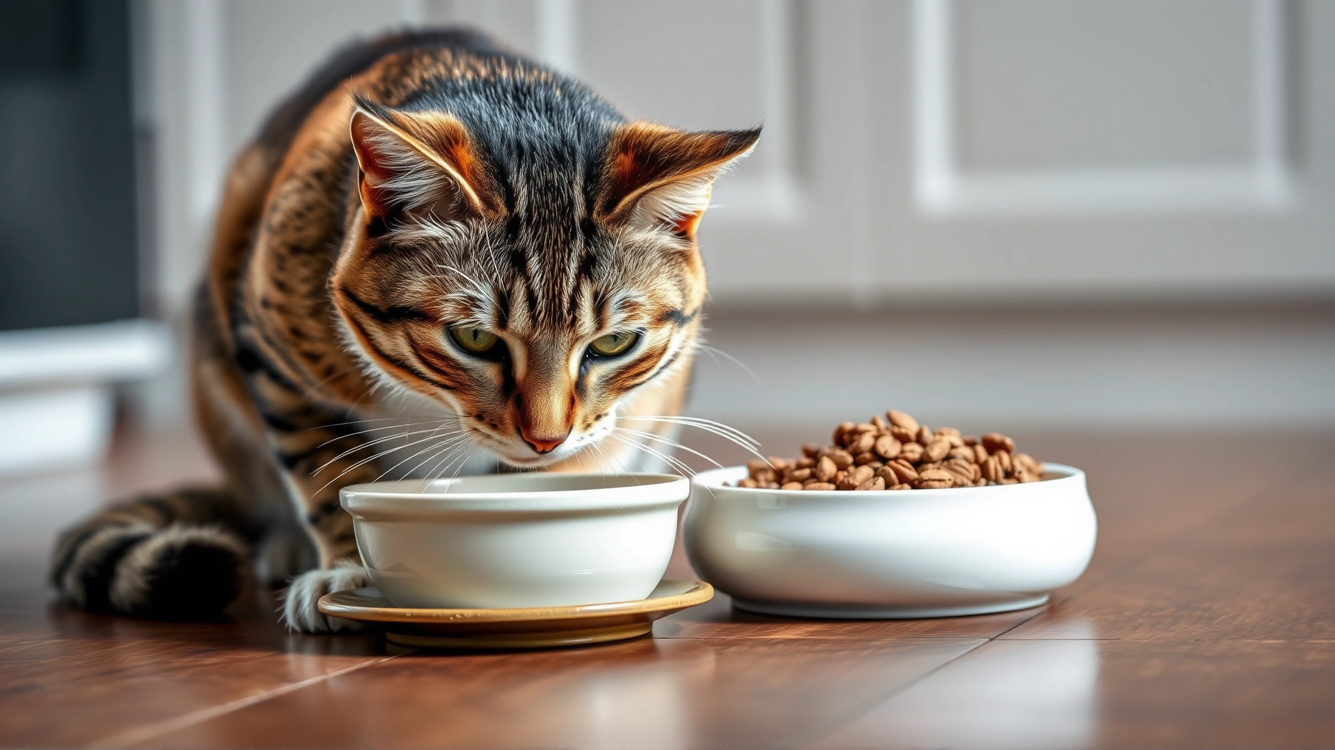 Domestic shorthair cat drinking water from a ceramic bowl next to a dish of high-quality dry cat food on a kitchen floor