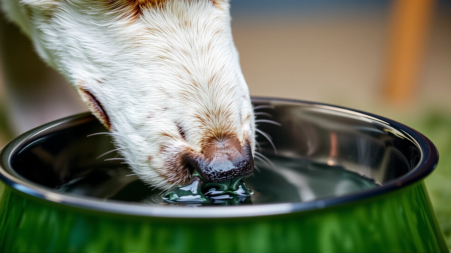 Close-up of a dog drinking clear water from a stainless-steel bowl, emphasizing hydration.