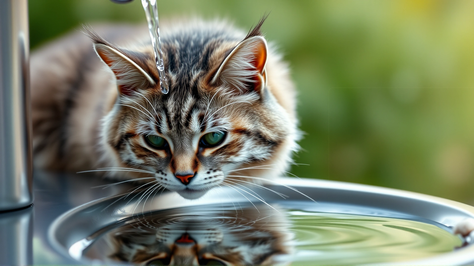 Senior cat drinking from a stainless steel water fountain with gentle reflections and soft background blur.