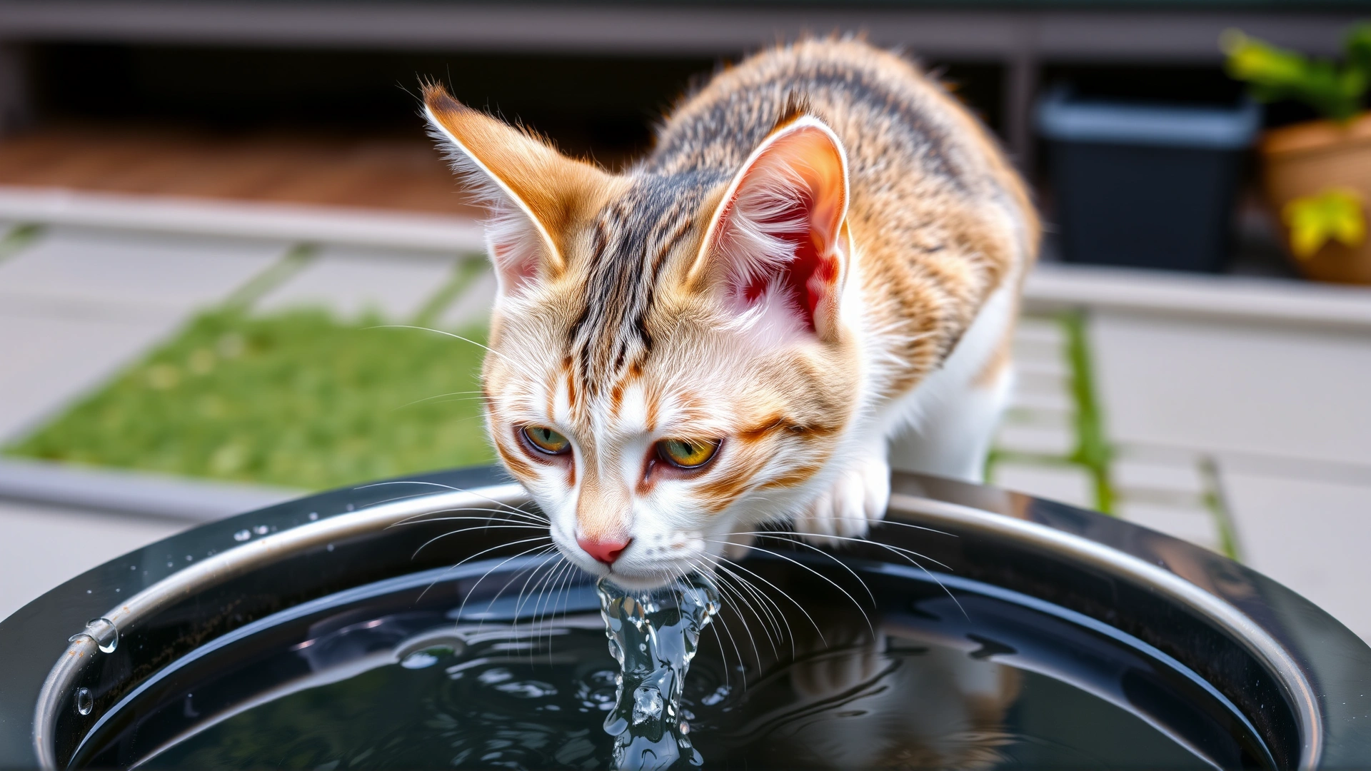 Modern stainless-steel cat water fountain with flowing water and a curious cat drinking from it.