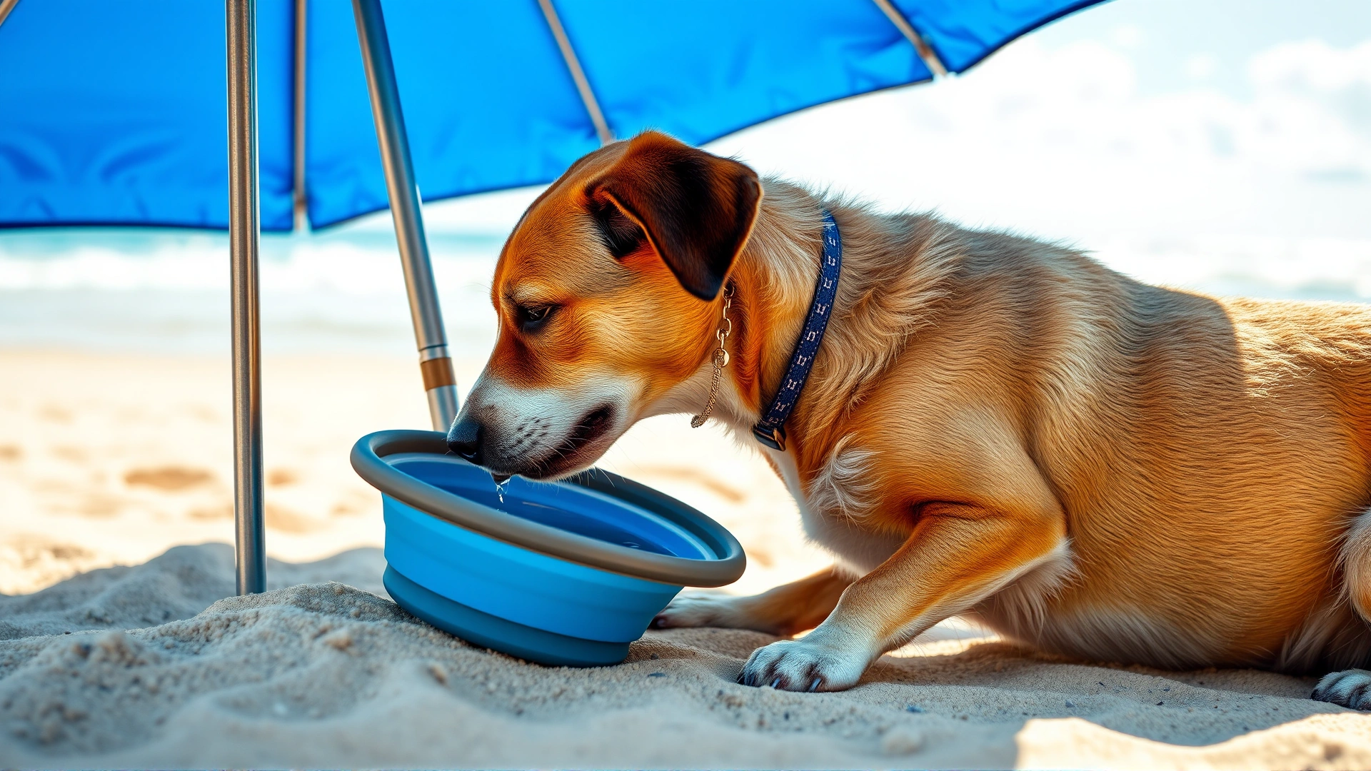 Dog drinking fresh water from a collapsible bowl under a blue beach umbrella, with sand and ocean blurred in the background, midday lighting