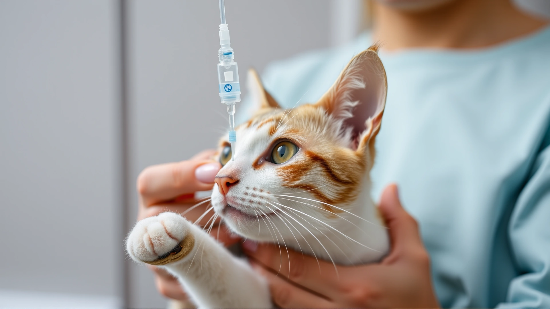 Cat receiving subcutaneous fluids at home; owner holding the cat while a small IV bag hangs above.