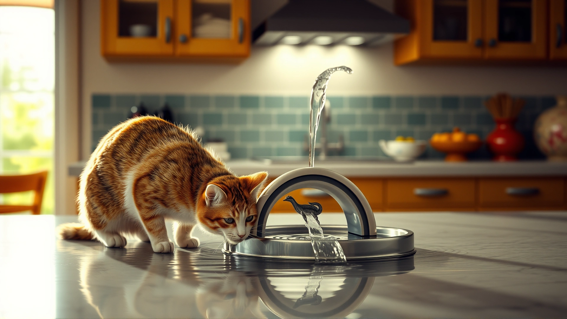 Brightly lit kitchen scene with a cat drinking from a flowing water fountain designed for pets