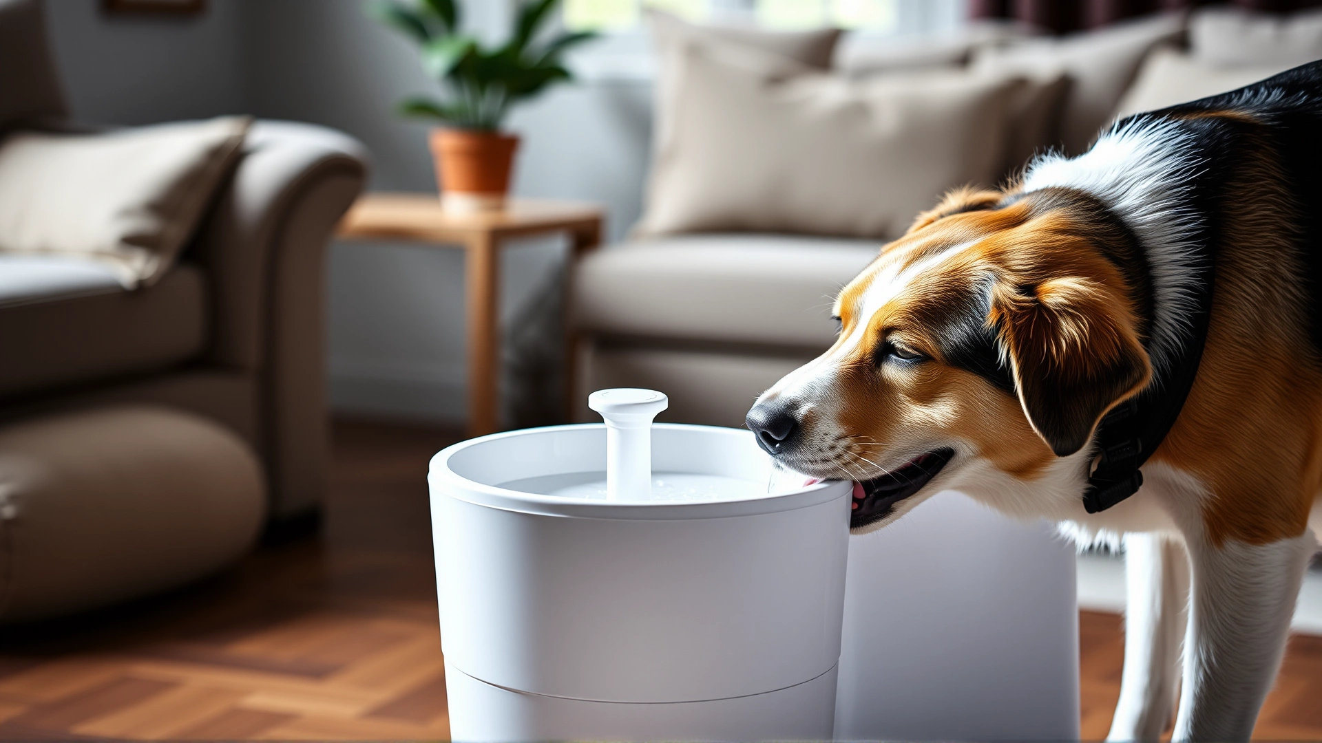 Dog happily drinking from an automatic pet water fountain in a cozy living room setting, emphasizing the flow of fresh water.