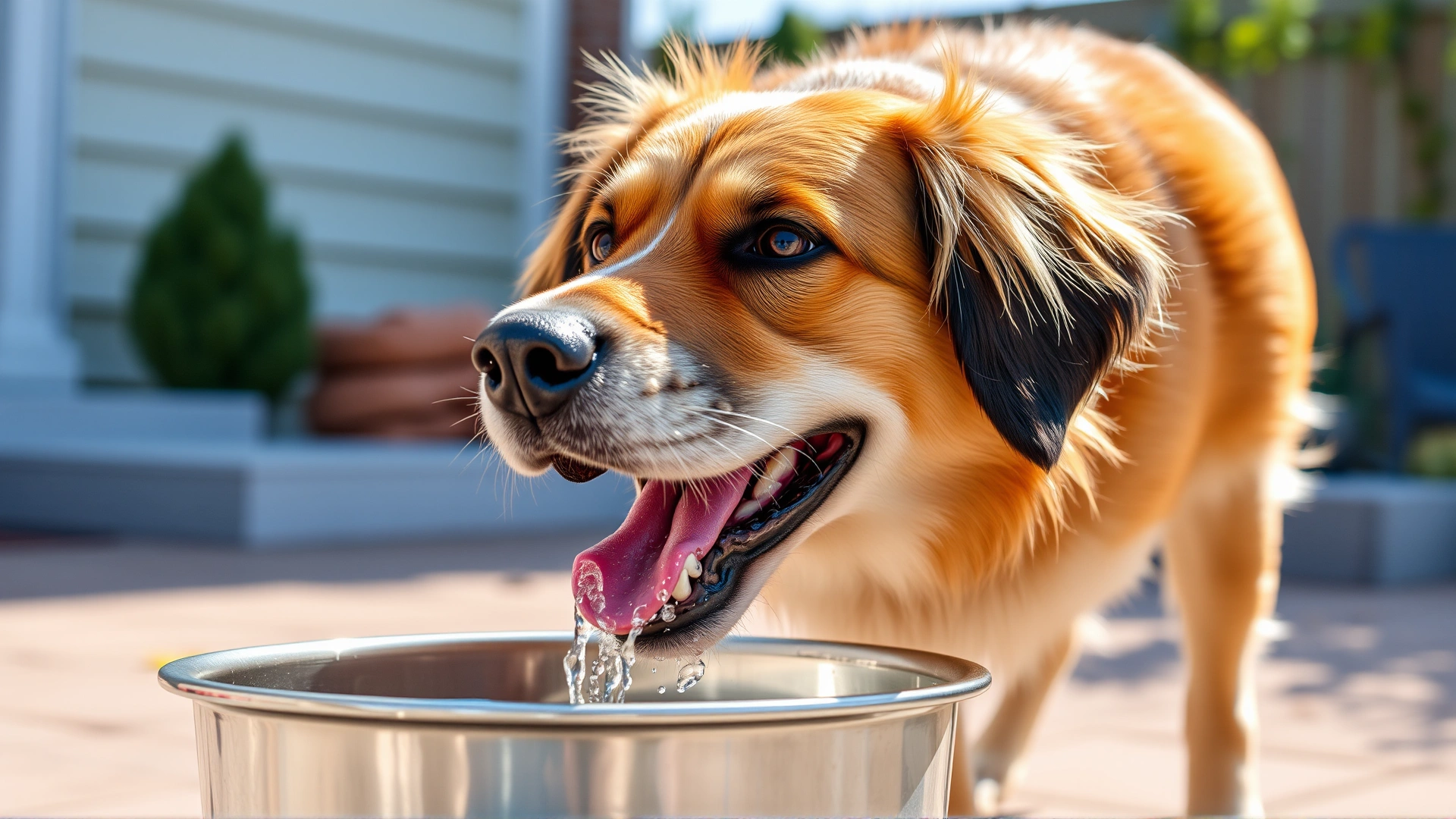 Happy mixed-breed dog drinking fresh water from a stainless steel bowl in a sunny backyard, highlighting the importance of hydration.