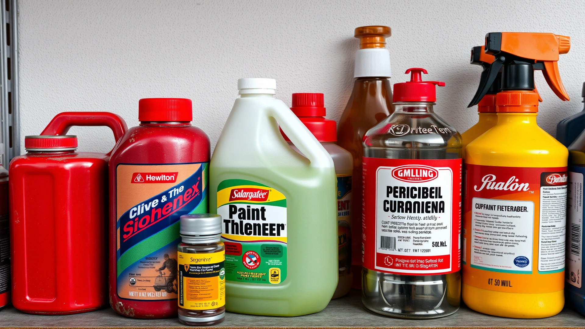 Assortment of household petroleum-based products such as gasoline can, paint thinner, and kerosene bottle arranged together on a shelf.