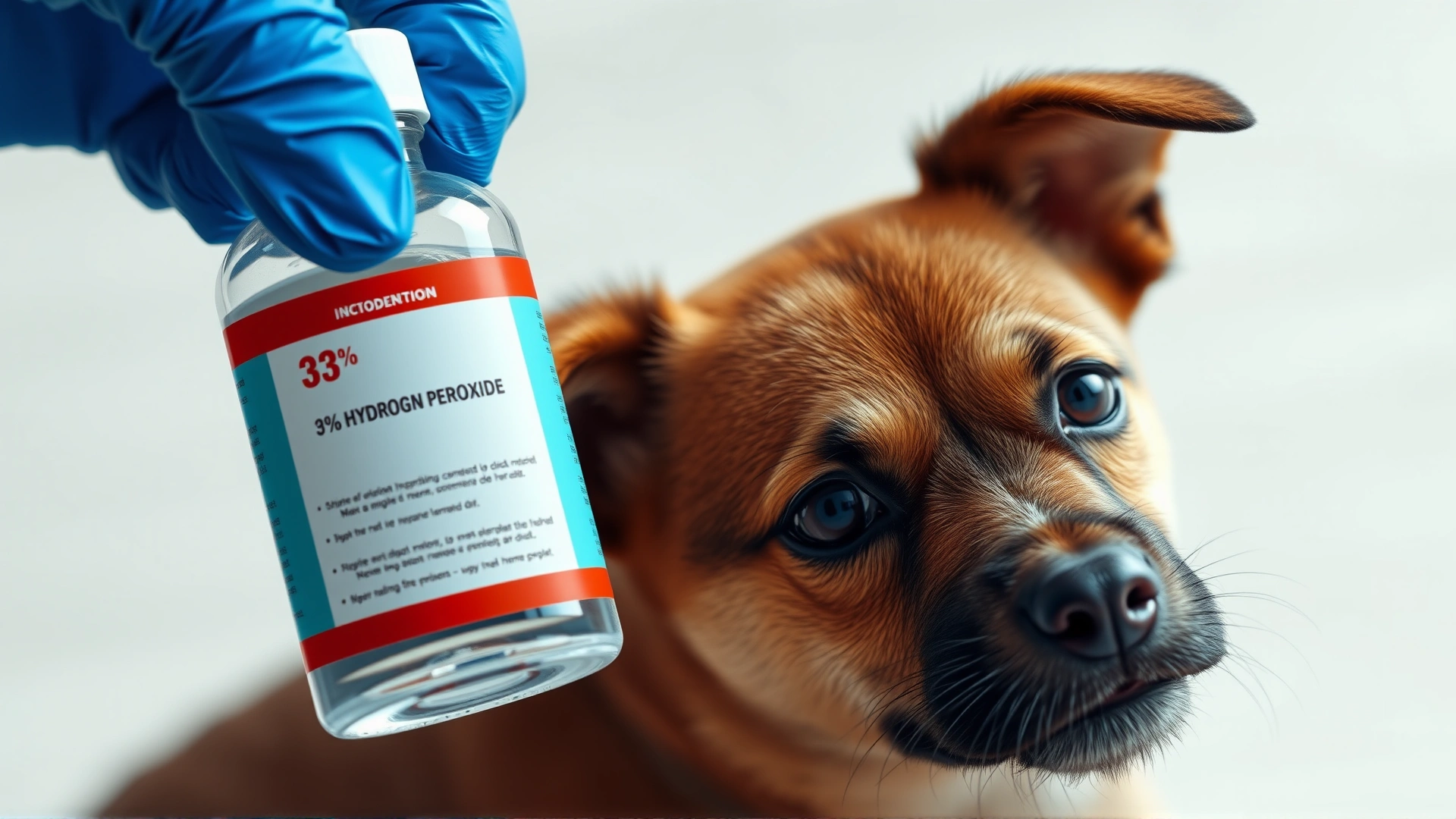 Close-up of a gloved hand holding a 3% hydrogen peroxide bottle next to a small brown dog, blurred background