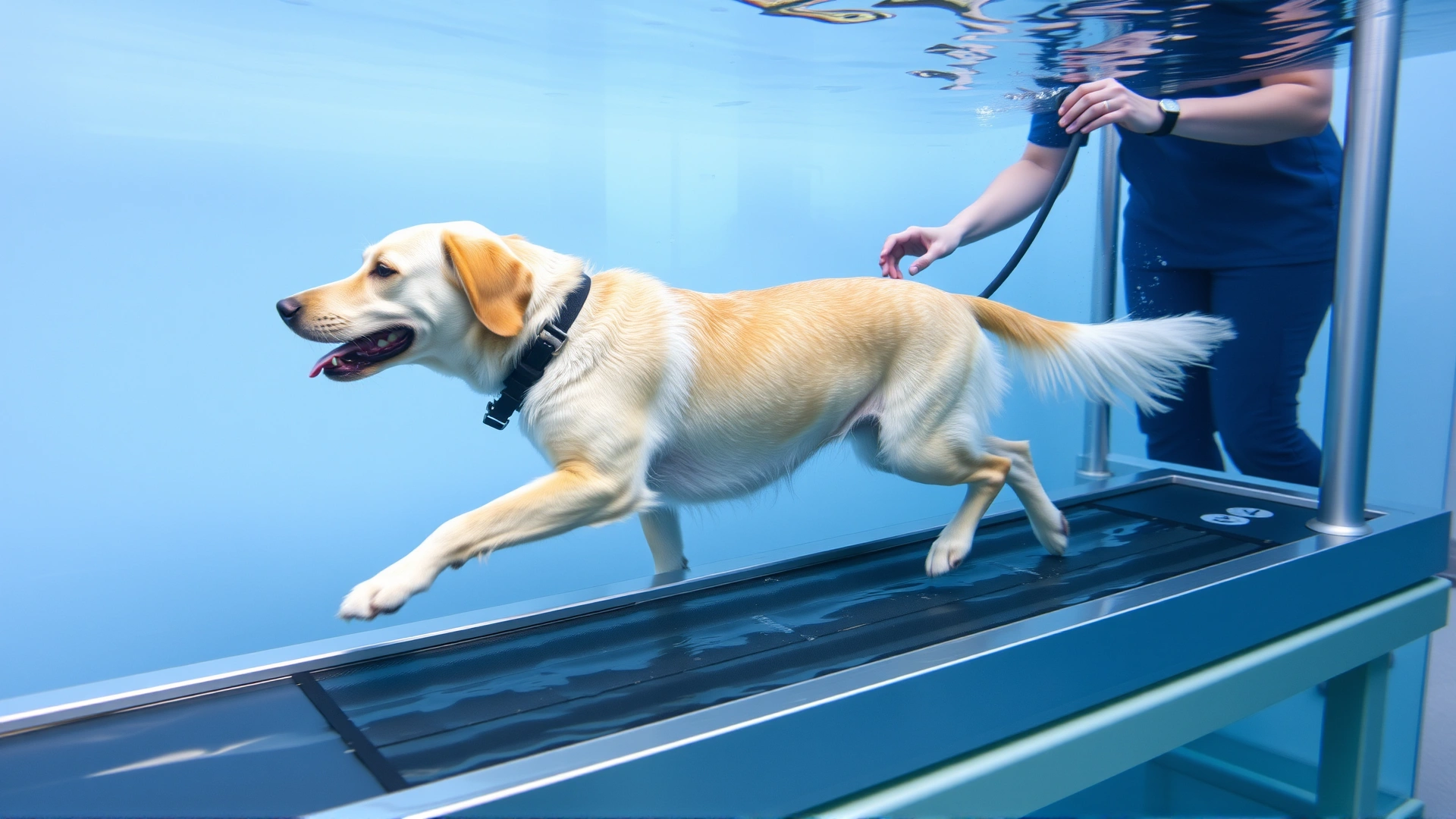Senior dog walking on an underwater treadmill in a veterinary hydrotherapy tank, therapist visible guiding the session