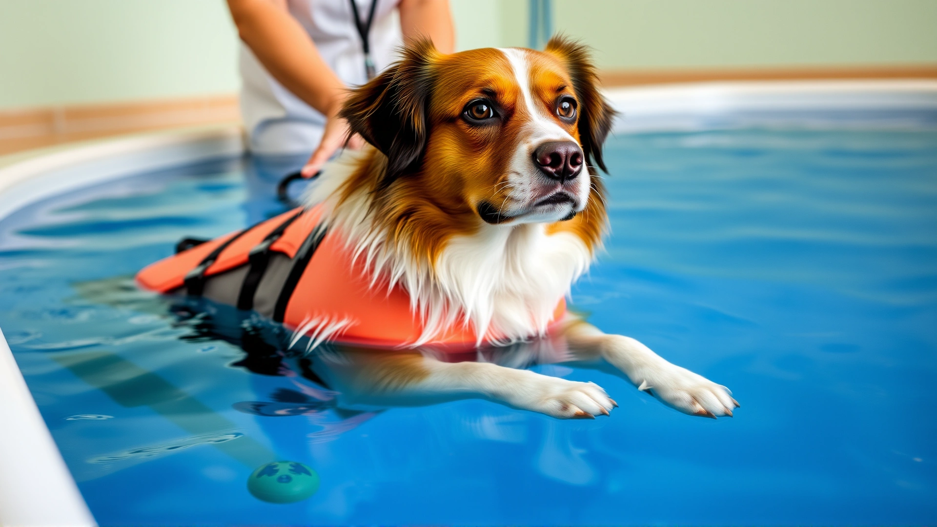Dog swimming in a controlled hydrotherapy pool wearing a flotation vest, therapist guiding nearby.