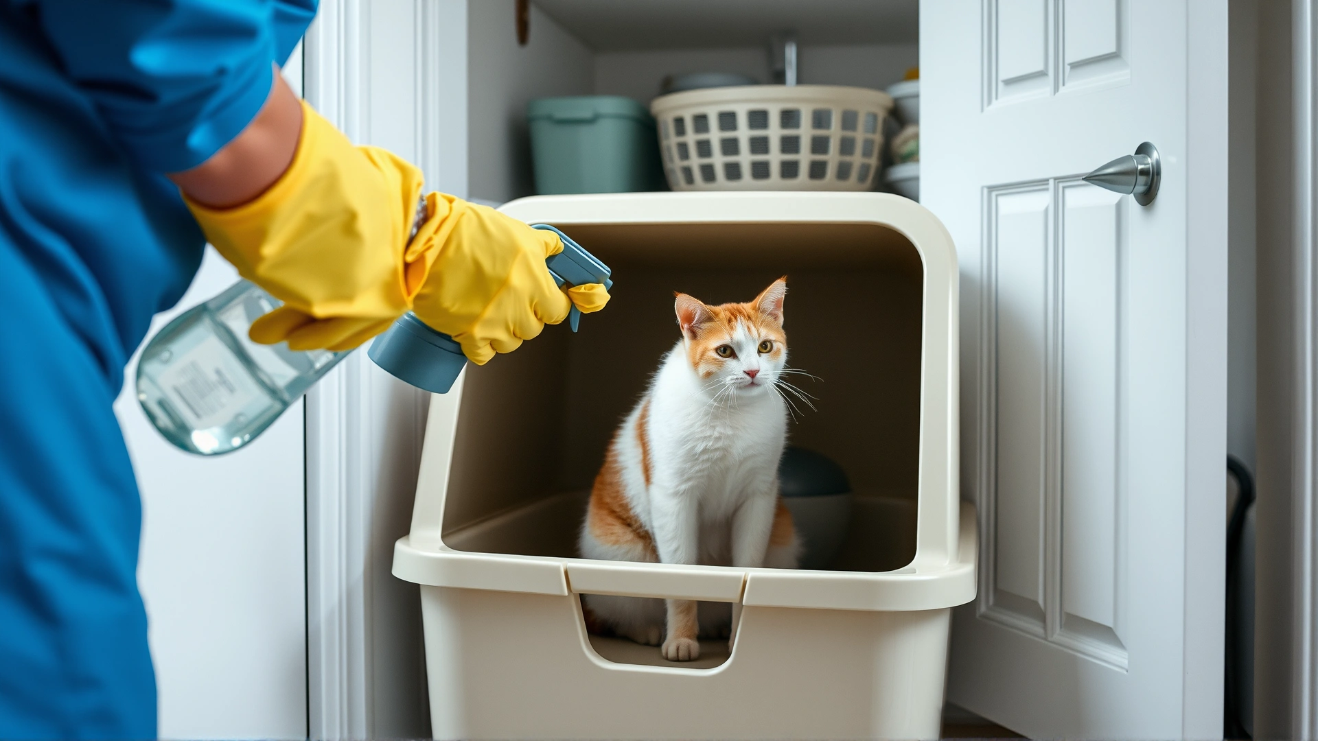 Person wearing gloves disinfecting a cat litter box with spray bottle in a bright laundry room, emphasis on cleanliness, no text