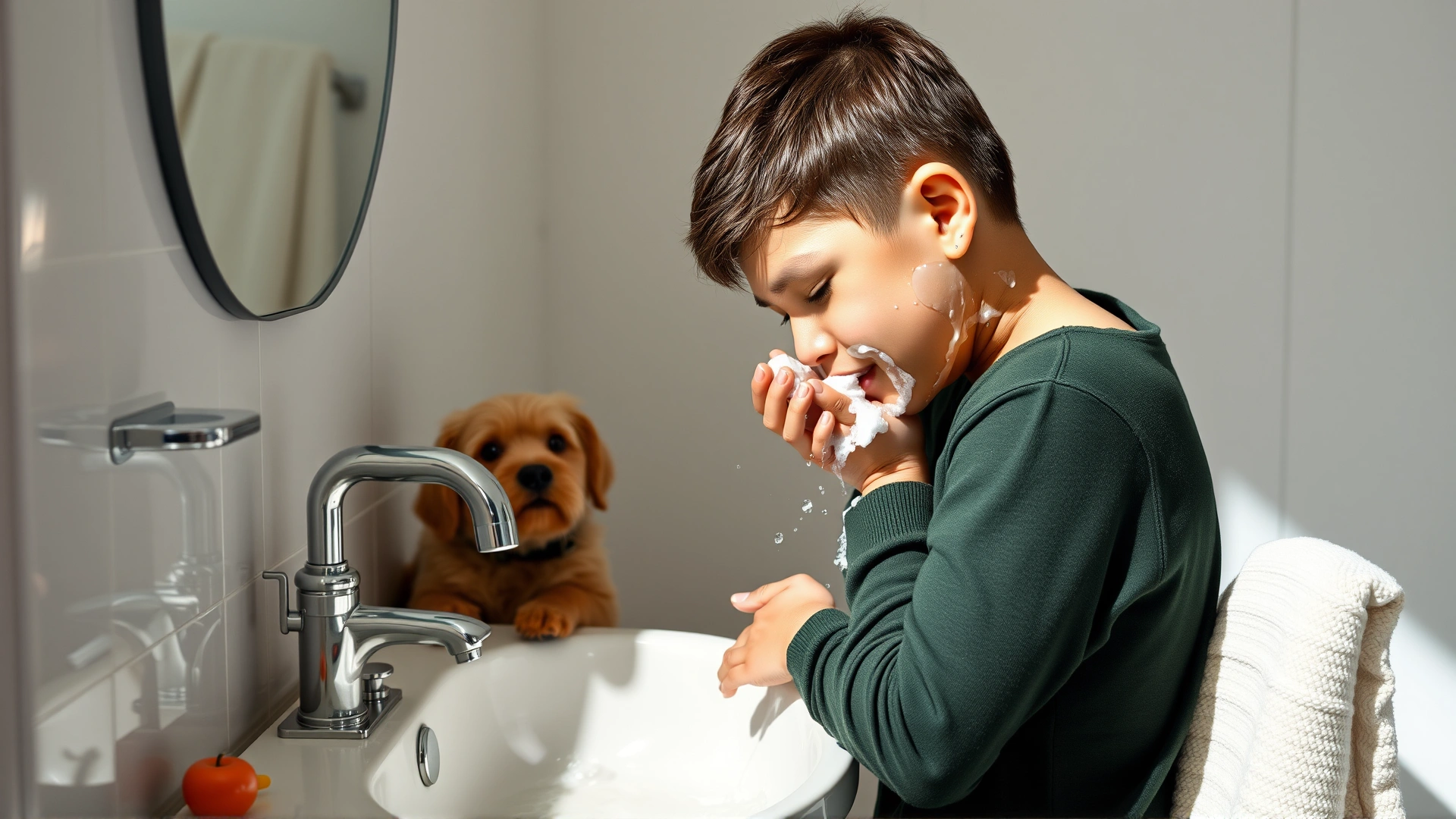Person washing their face at a bathroom sink with soap and water, emphasizing hygiene after playing with pets, bright clean setting