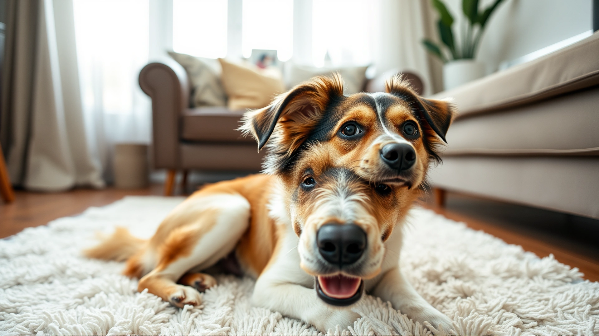 Close-up shot of a well-groomed mixed-breed dog sitting on a clean fluffy rug, looking healthy and happy indoors.