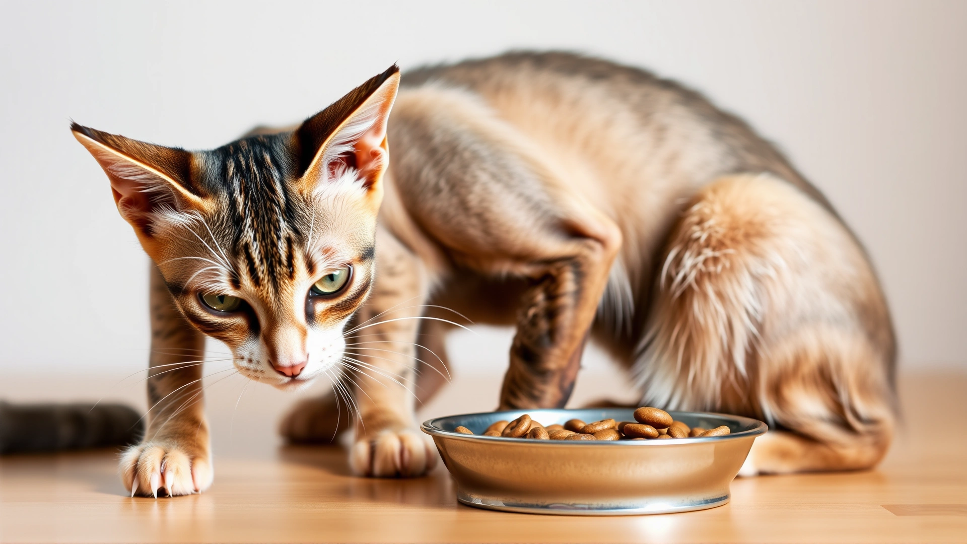 A thin senior cat eagerly eating from a food bowl, emphasizing increased appetite associated with hyperthyroidism.