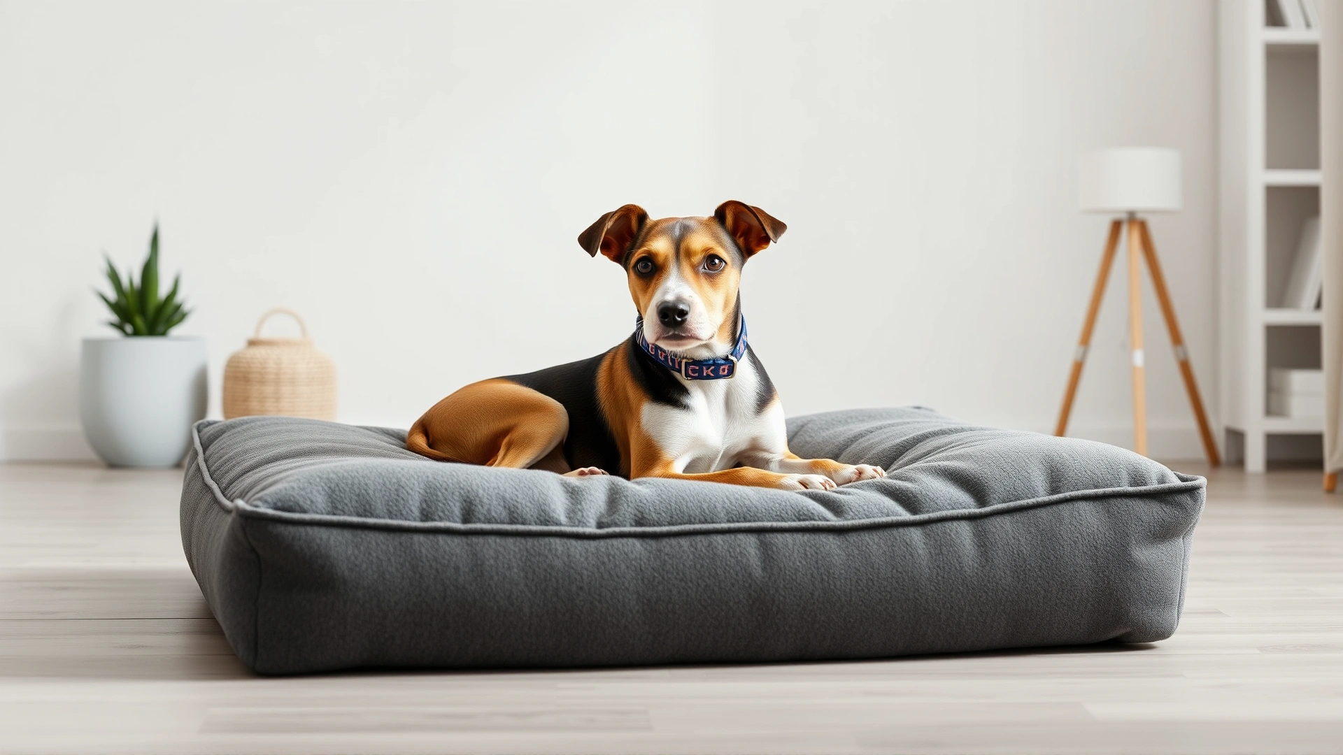 Modern hypoallergenic dog bed made of tightly woven grey microfiber fabric placed in a minimalist living room setting.