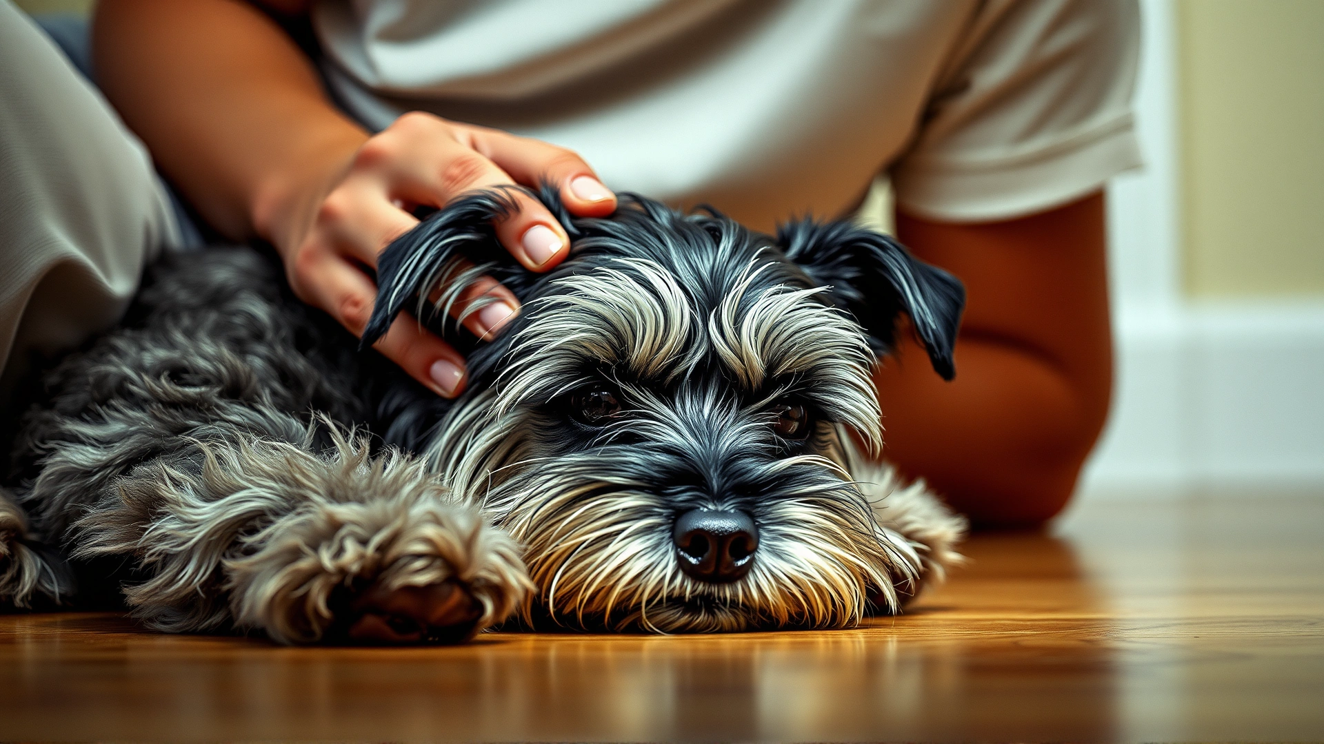 Worried owner comforting a lethargic miniature schnauzer on the floor, emphasis on the dog's tired eyes, soft daylight, emotional ambience.