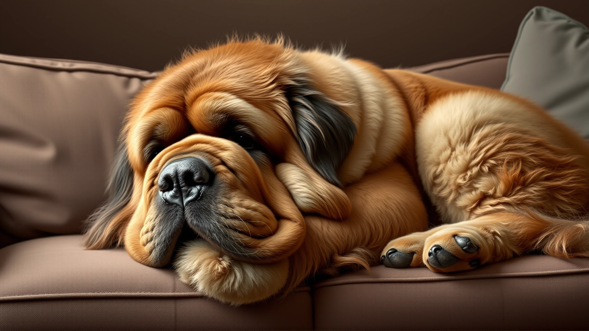 Portrait of an overweight Newfoundland dog lying on a couch looking lethargic, no text.