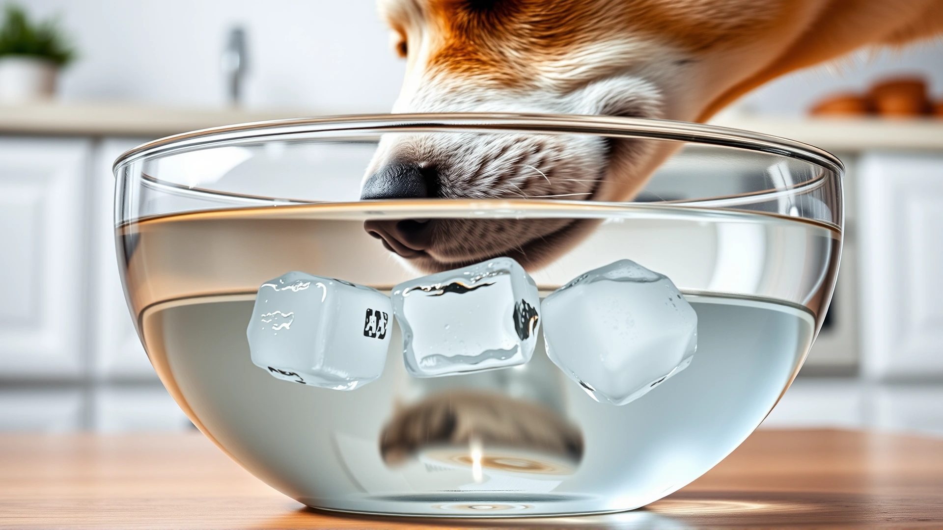 Glass bowl filled with water and a few ice cubes with a dog’s nose approaching to drink, kitchen background, clean and bright