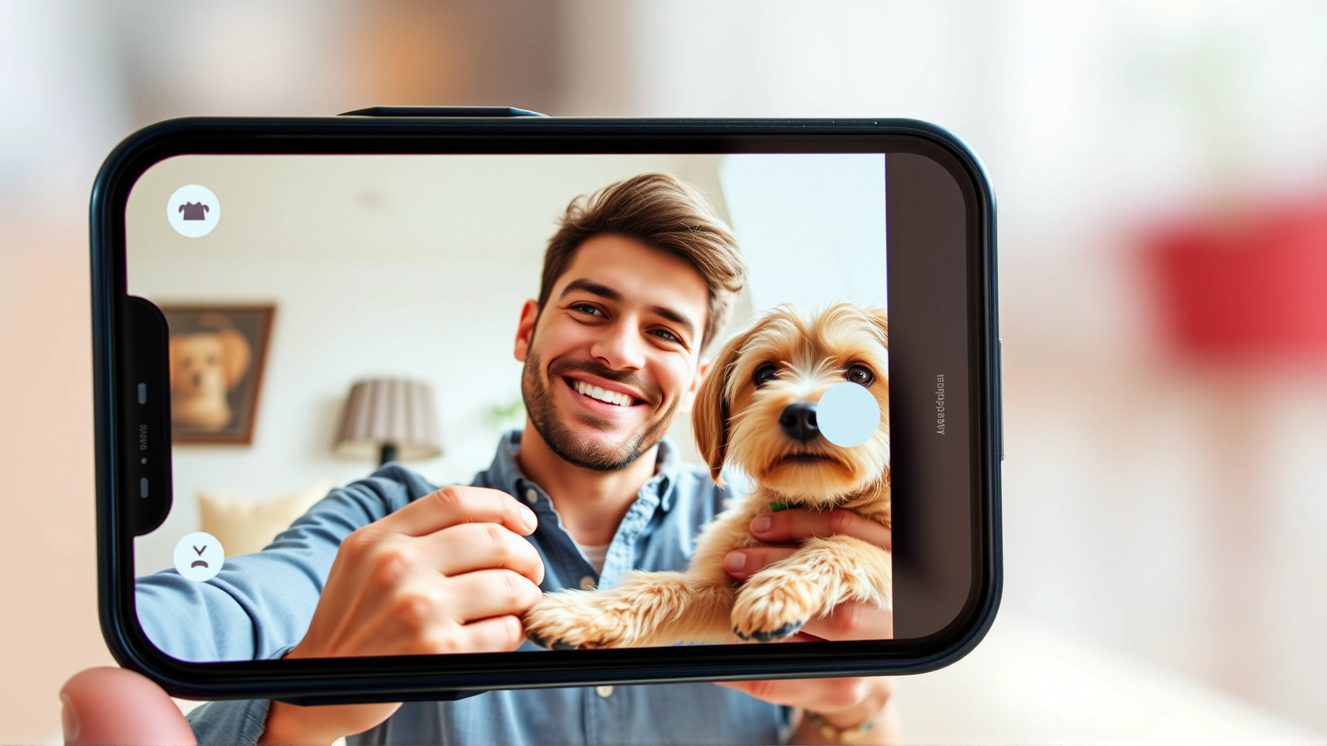 Close-up of a smartphone dating app profile featuring a man holding his dog in a selfie, bright and inviting atmosphere
