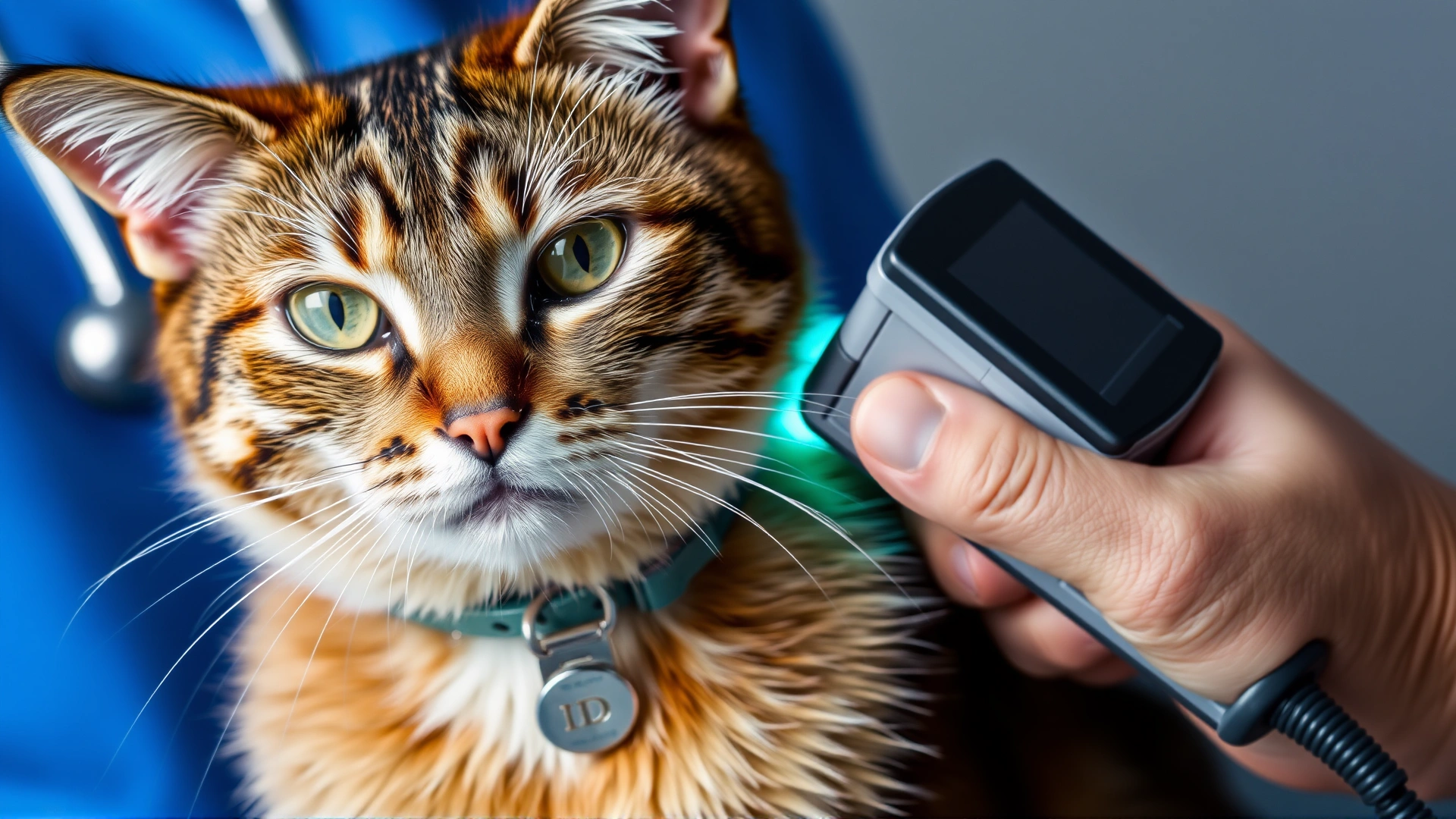 Close-up shot of a cat with a visible engraved ID tag on its collar while a vet technician scans its shoulder area with a microchip reader