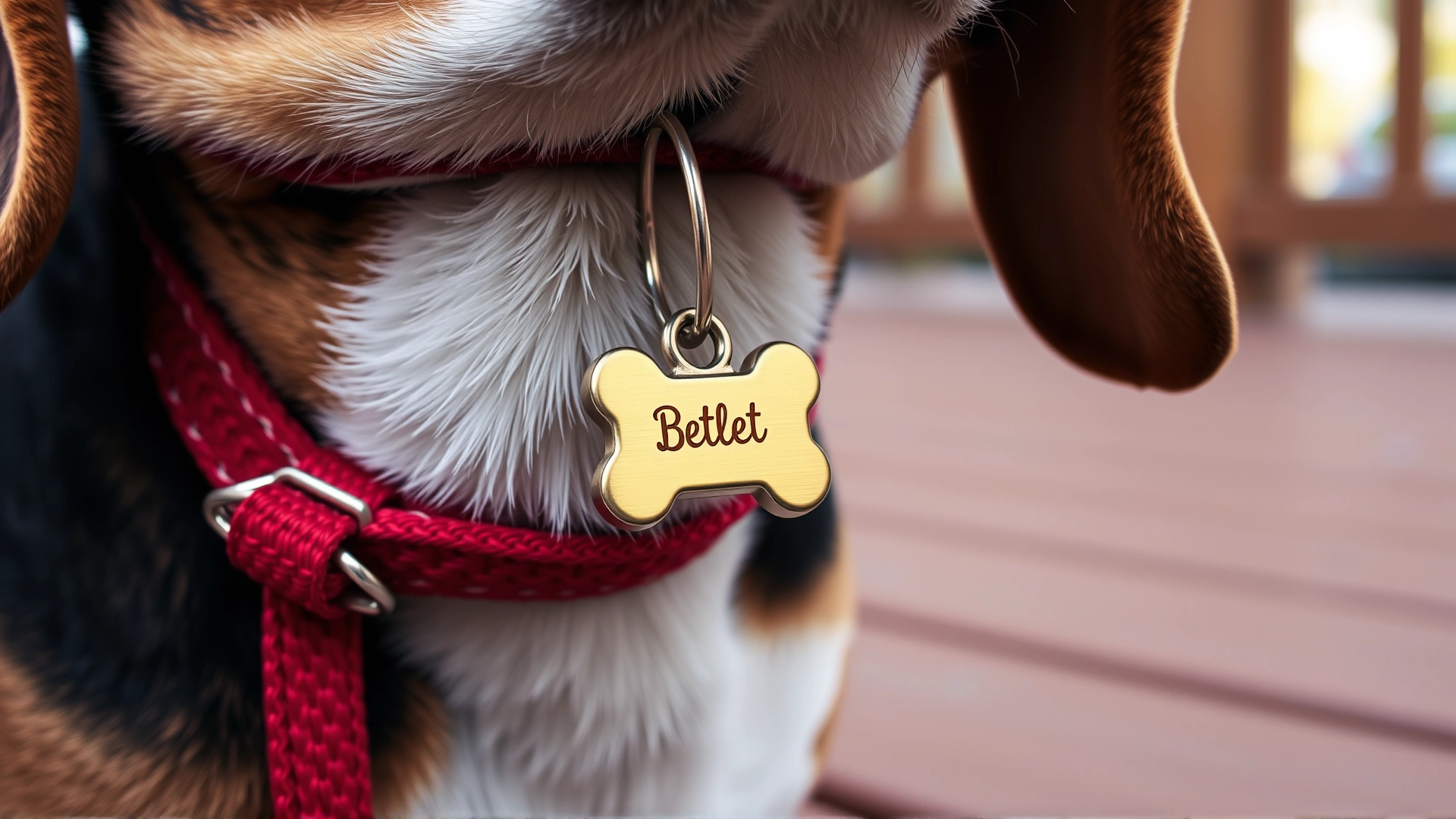 Close-up of a beagle's neck with a bone-shaped engraved ID tag hanging from a red collar, wooden deck background