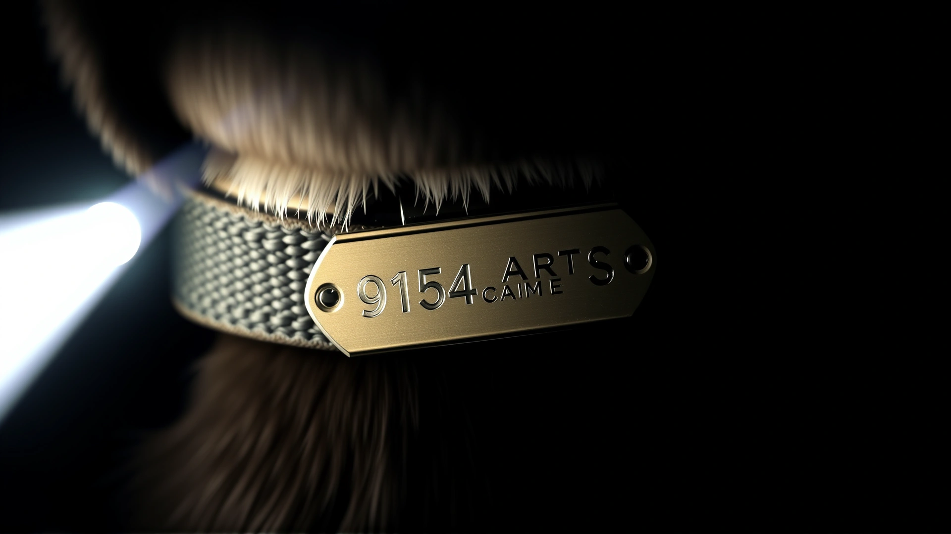 Close-up of a dog's collar with a metal ID tag engraved with phone number, illuminated by a flashlight beam