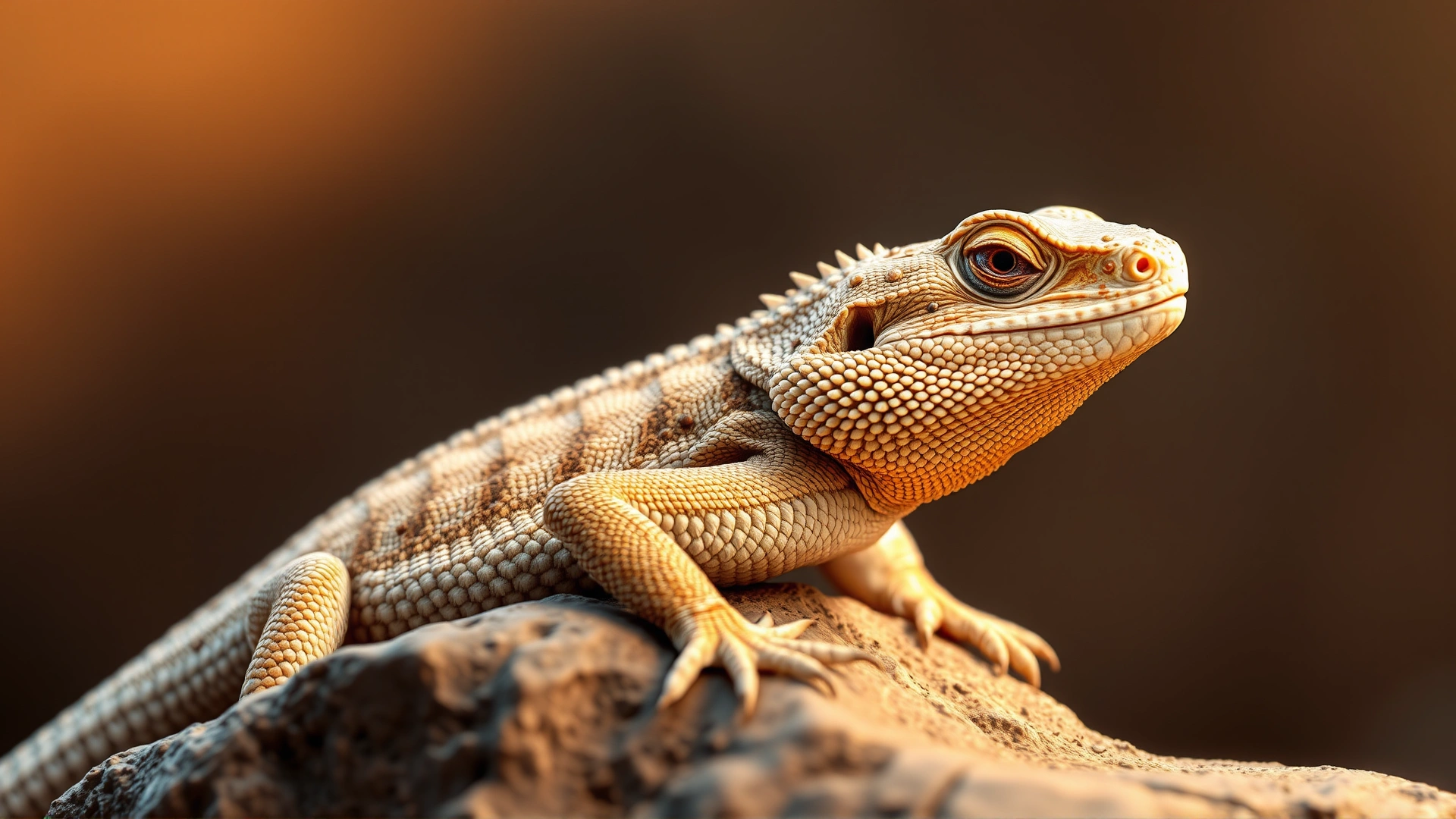 Portrait of an adult bearded dragon with ideal body condition basking on a rock under warm light.