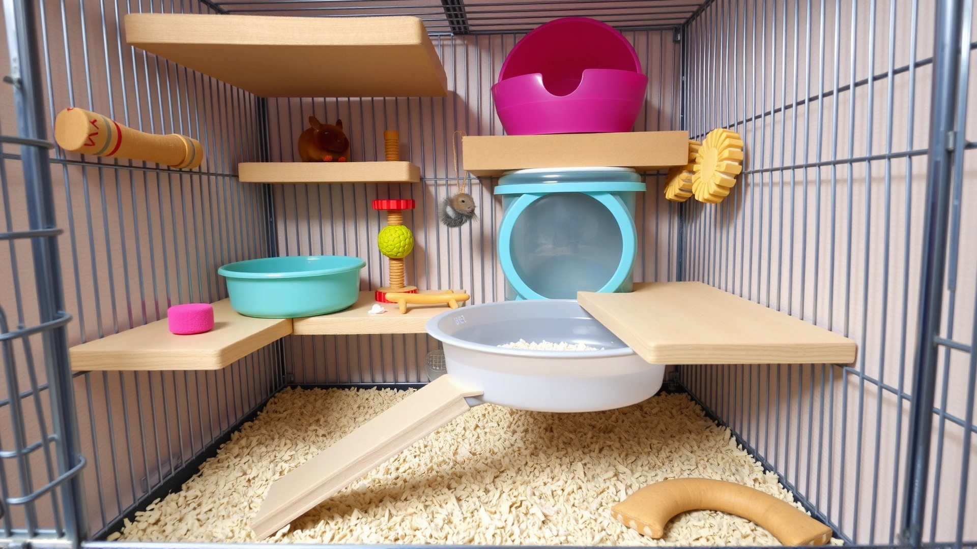Spacious chinchilla cage featuring multiple platforms, a dust bath container, chew toys, and clean bedding, photographed from a slight angle to show depth.