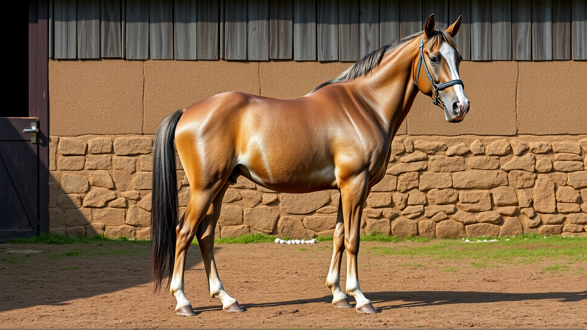 Full-body image of a moderately conditioned horse (BCS 5) standing square on level ground, ribs not visible but easily palpable, natural barn background.