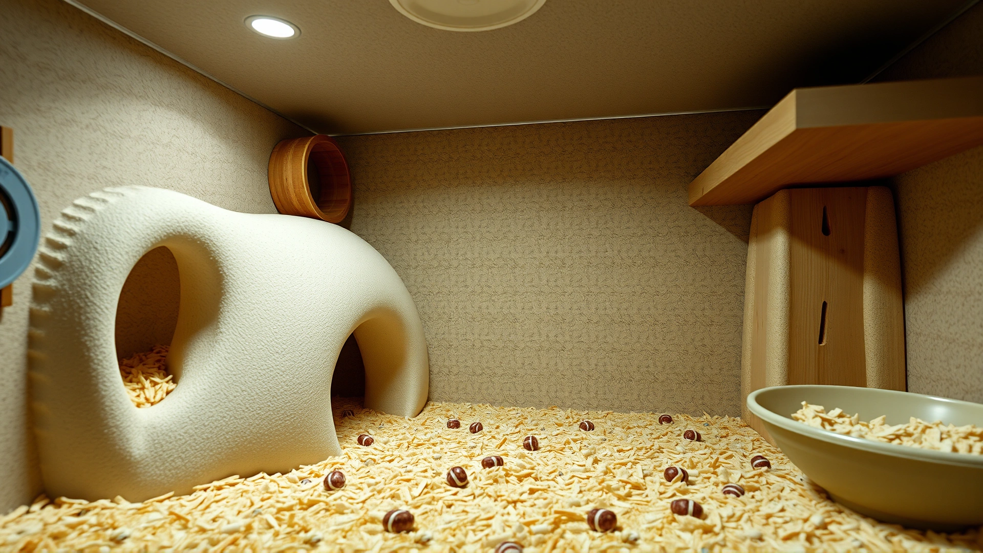 Clean, spacious hamster enclosure with deep wood-shaving bedding, hideouts, exercise wheel, and fresh food bowl, well-lit environment