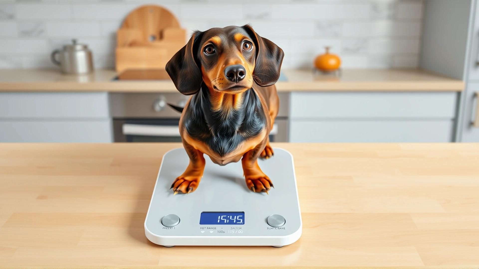 Overhead shot of a dachshund standing calmly on a digital pet scale showing a healthy weight range, bright modern kitchen background