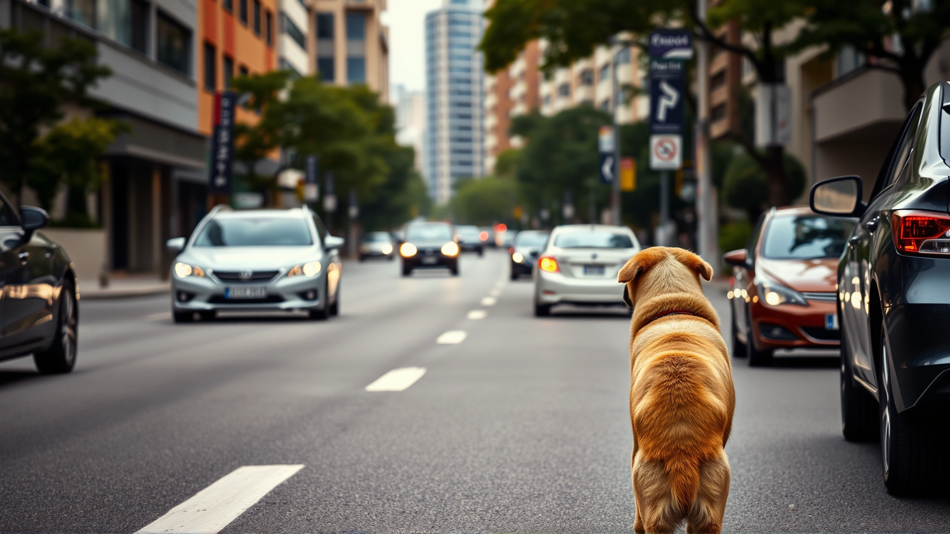 Urban street scene with passing cars and a dog beside its owner looking startled, highlighting environmental triggers.