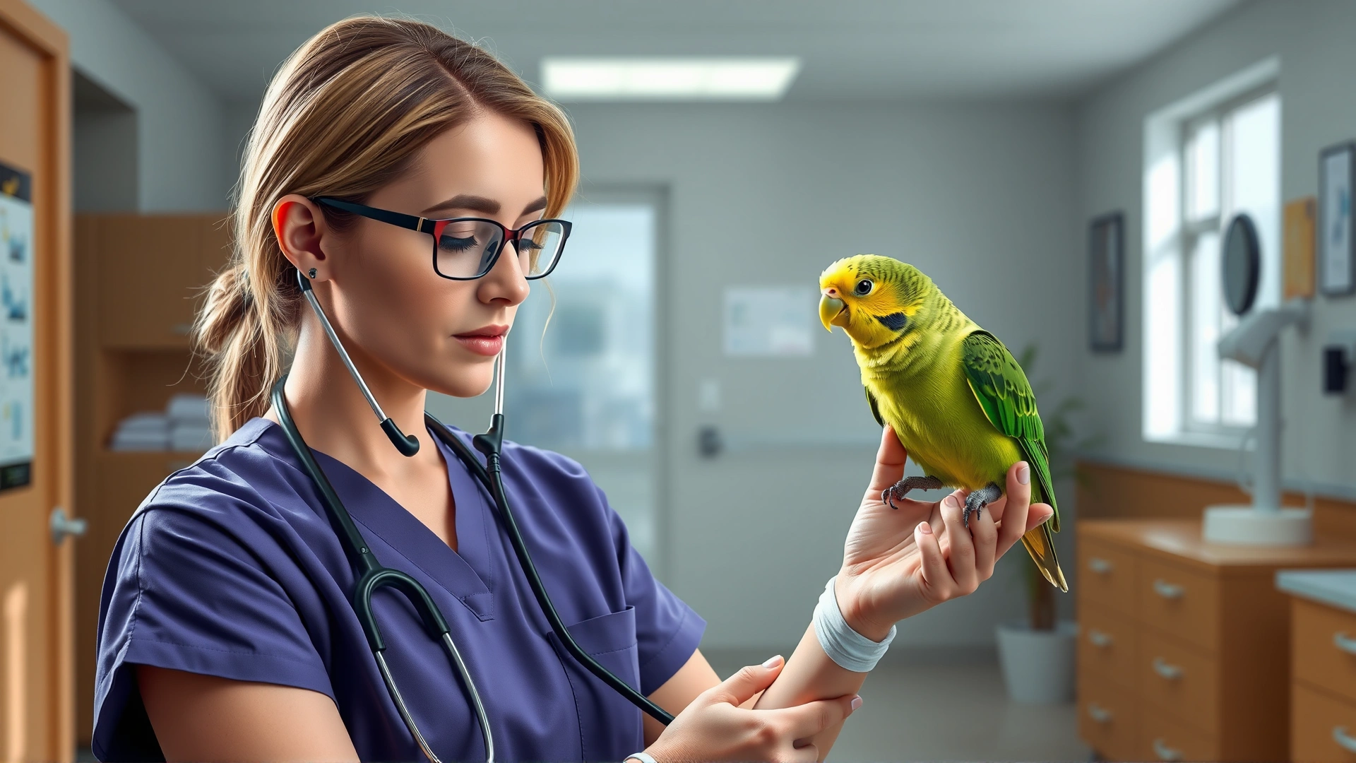 Veterinarian in scrubs gently examining a parakeet with a stethoscope in a bright clinic setting