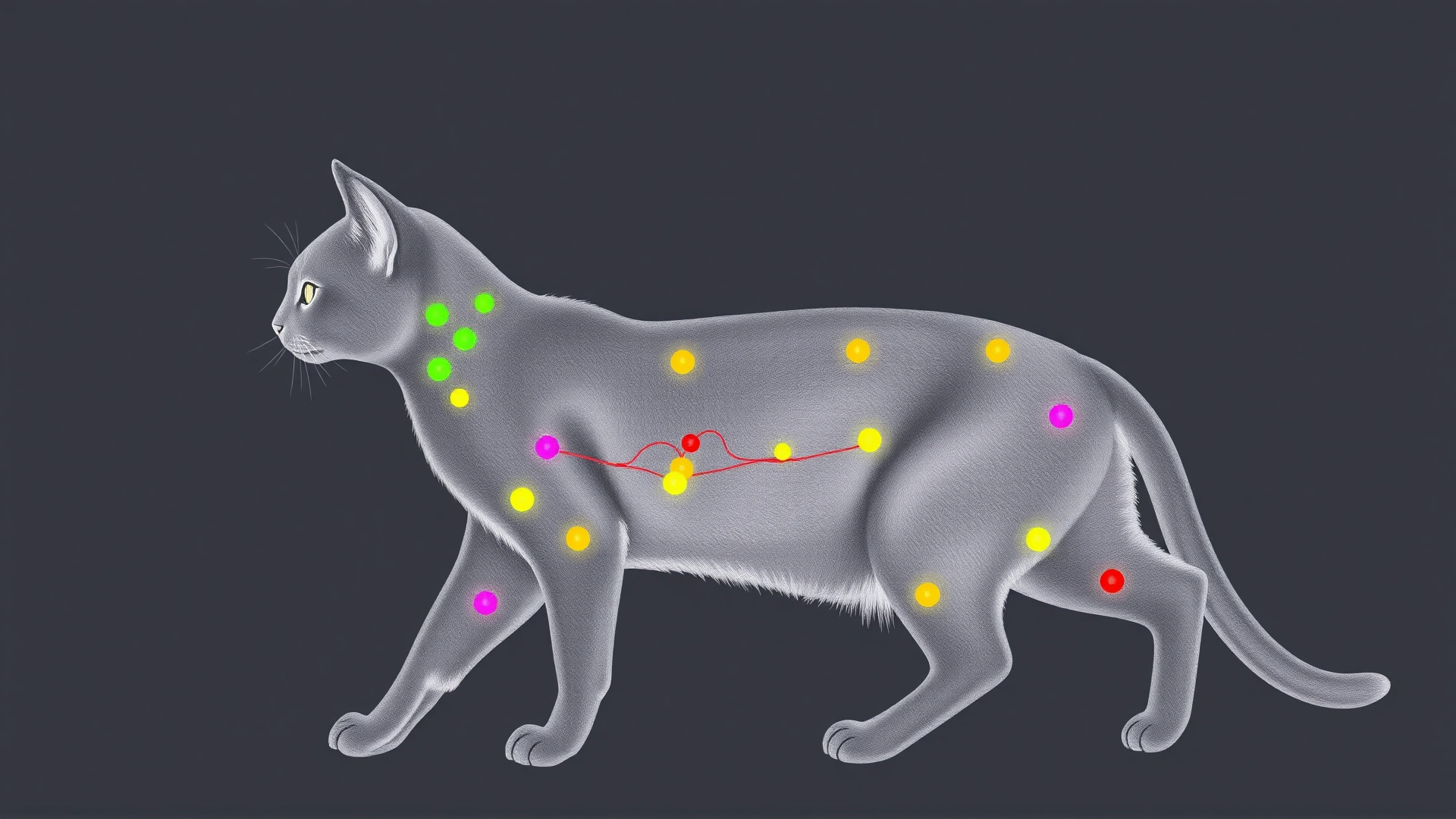 Minimalistic pastel illustration of a cat silhouette with colorful dots marking traditional acupuncture meridian points, no text.