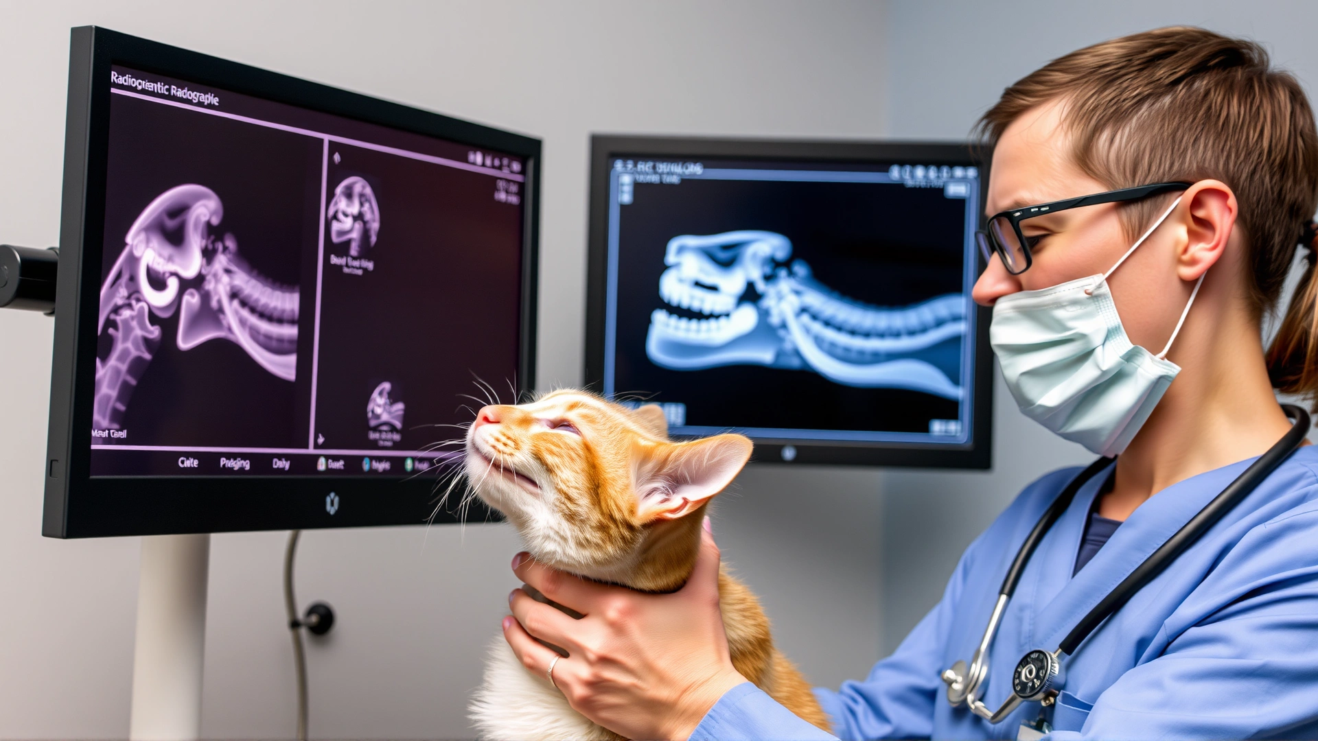 Radiographic monitor displaying dental X-ray of a cat’s skull while a vet technician positions the cat for imaging, clinic setting.