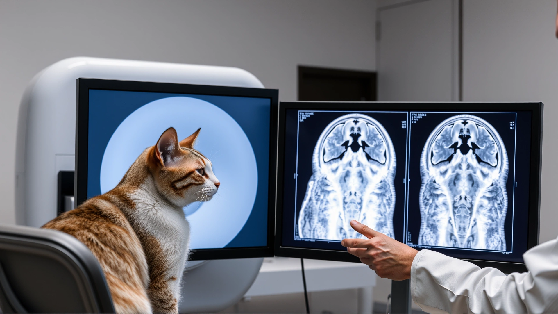 Veterinary neurologist reviewing MRI scans of a cat's head on a computer monitor in a modern imaging suite, realistic photo