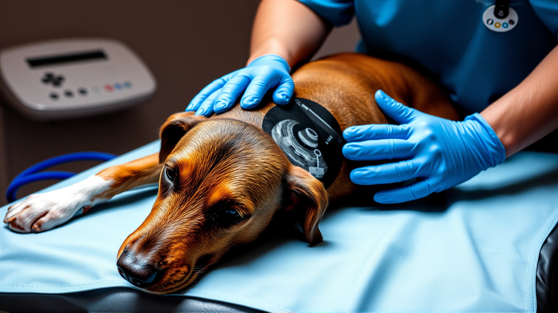 Dog lying calmly while receiving an abdominal ultrasound scan from a veterinary technician.