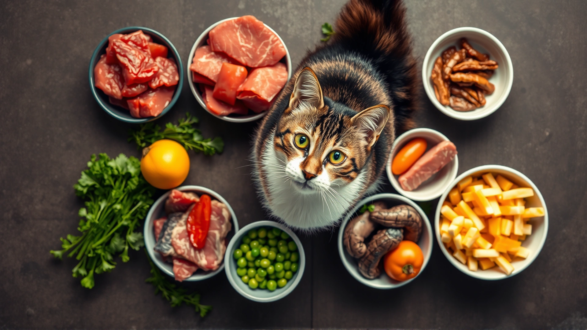 Illustrative photo of healthy cat food ingredients (raw meat, fish, vegetables) arranged in bowls around a curious cat, symbolizing immune support, top-down view, vibrant colors.