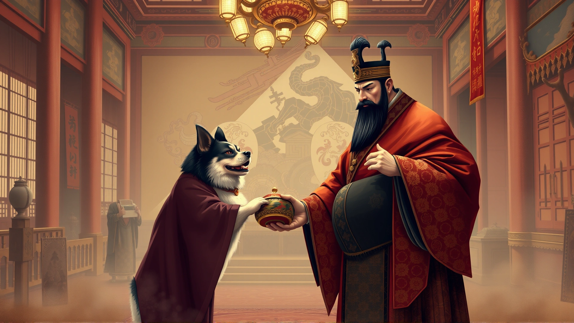 Vintage-style illustration of a Japanese Chin being presented to a Japanese emperor in an ornate palace hall, muted warm tones, no text