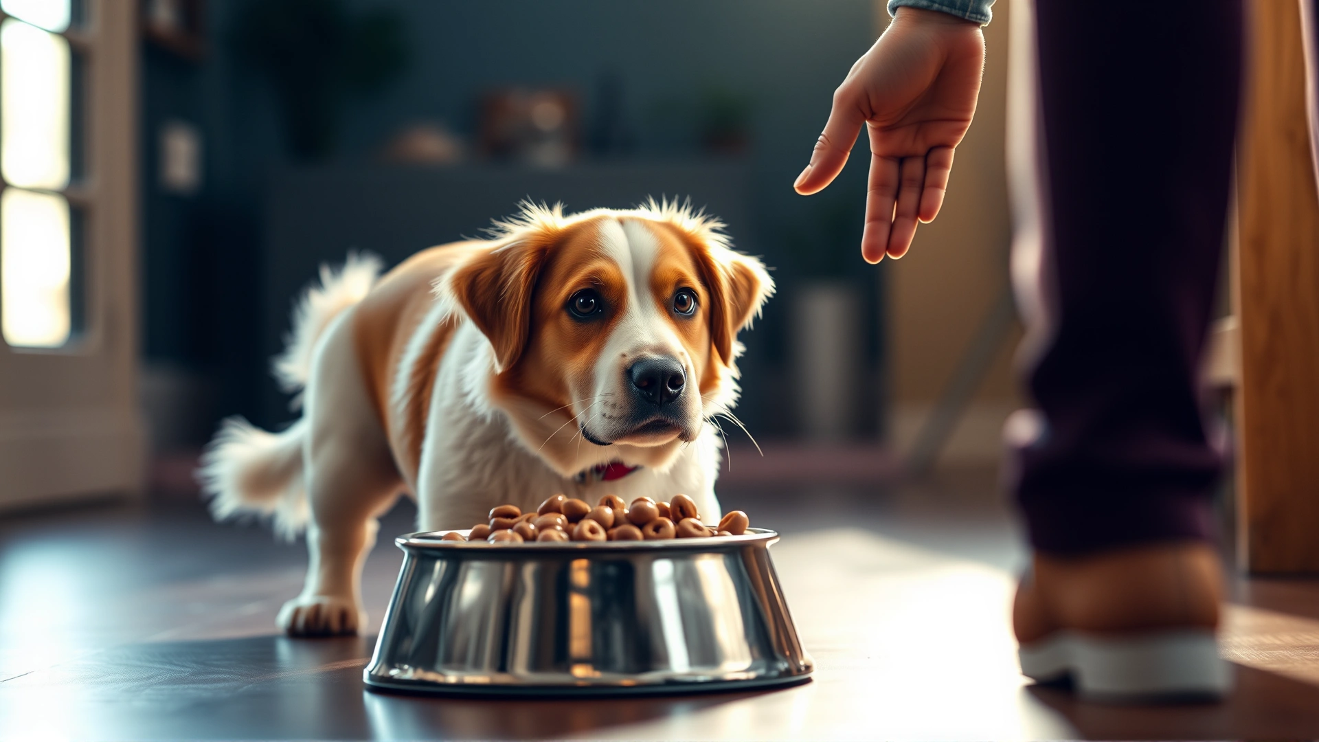 Dog waiting patiently in front of a food bowl while owner signals 
