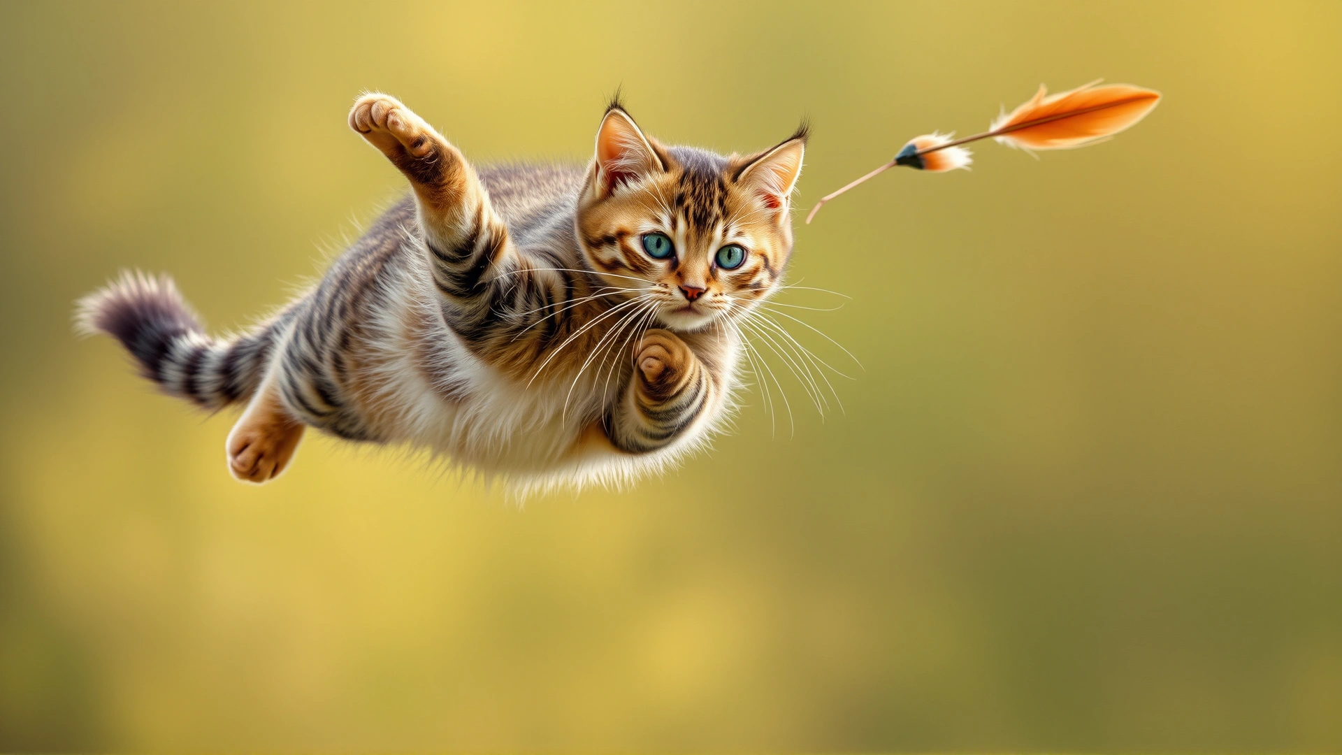 Cat caught mid-air jumping after a feather toy, slight motion blur, vibrant background