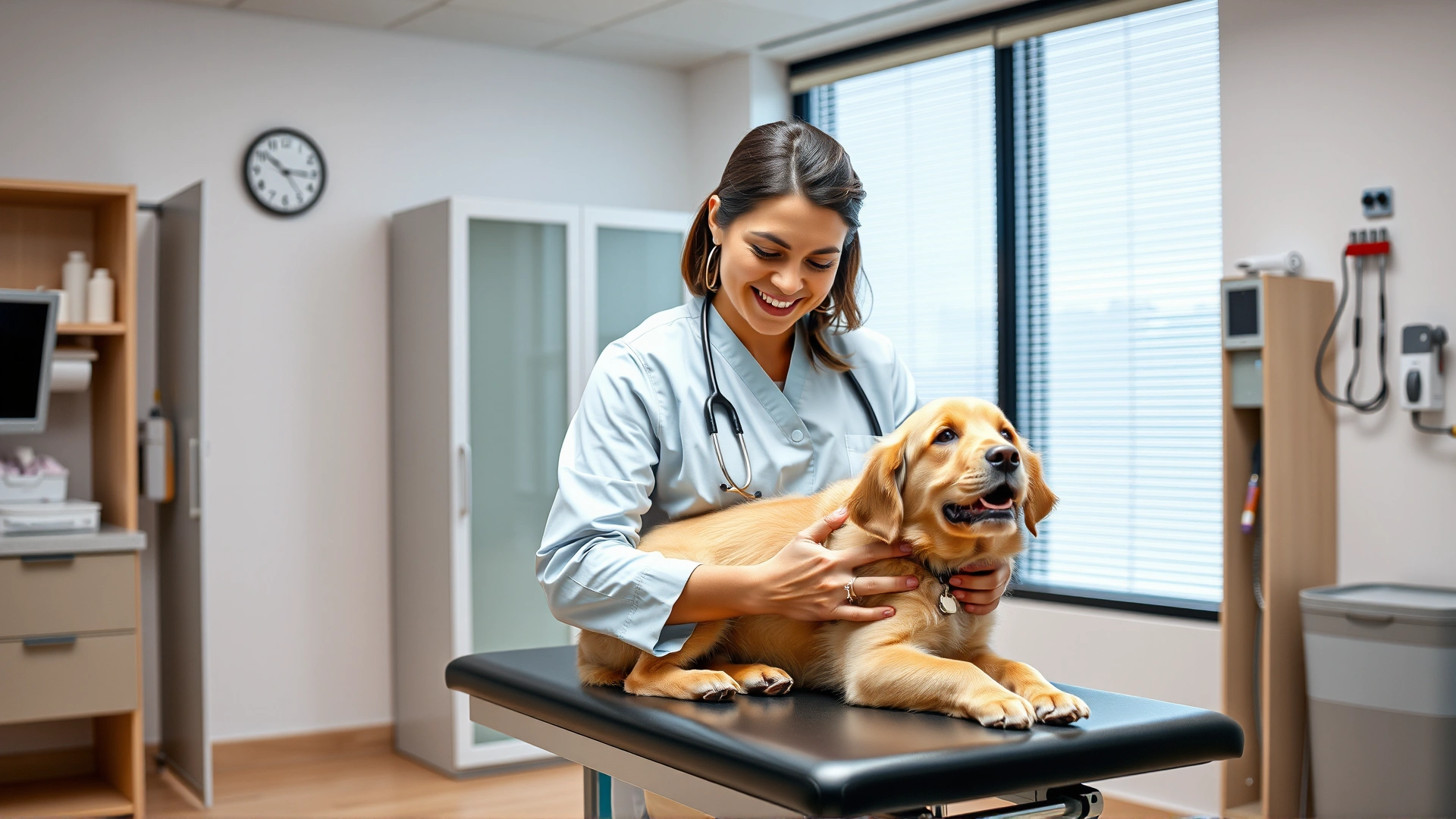A smiling veterinarian gently examining a golden retriever puppy on an exam table in a bright, modern vet clinic, no text visible.