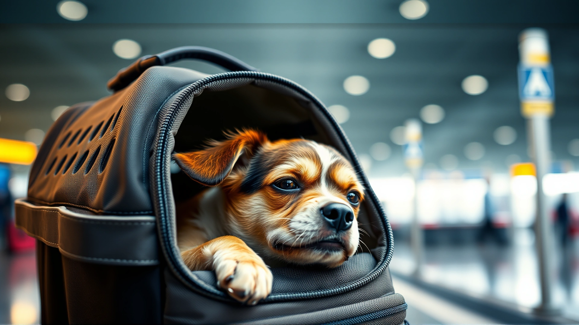 Calm small dog resting inside an airline-approved soft carrier at an airport gate with blurred background of passengers