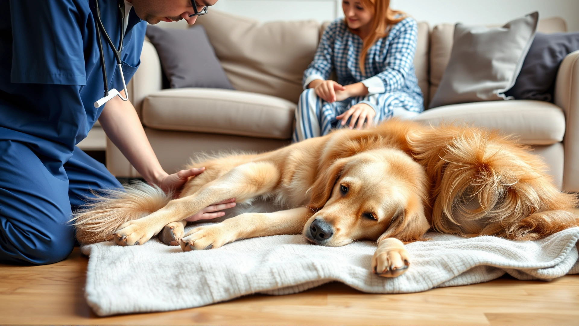 A serene living room scene where a vet kneels beside a senior golden retriever on a soft blanket, with the family gently petting the dog.