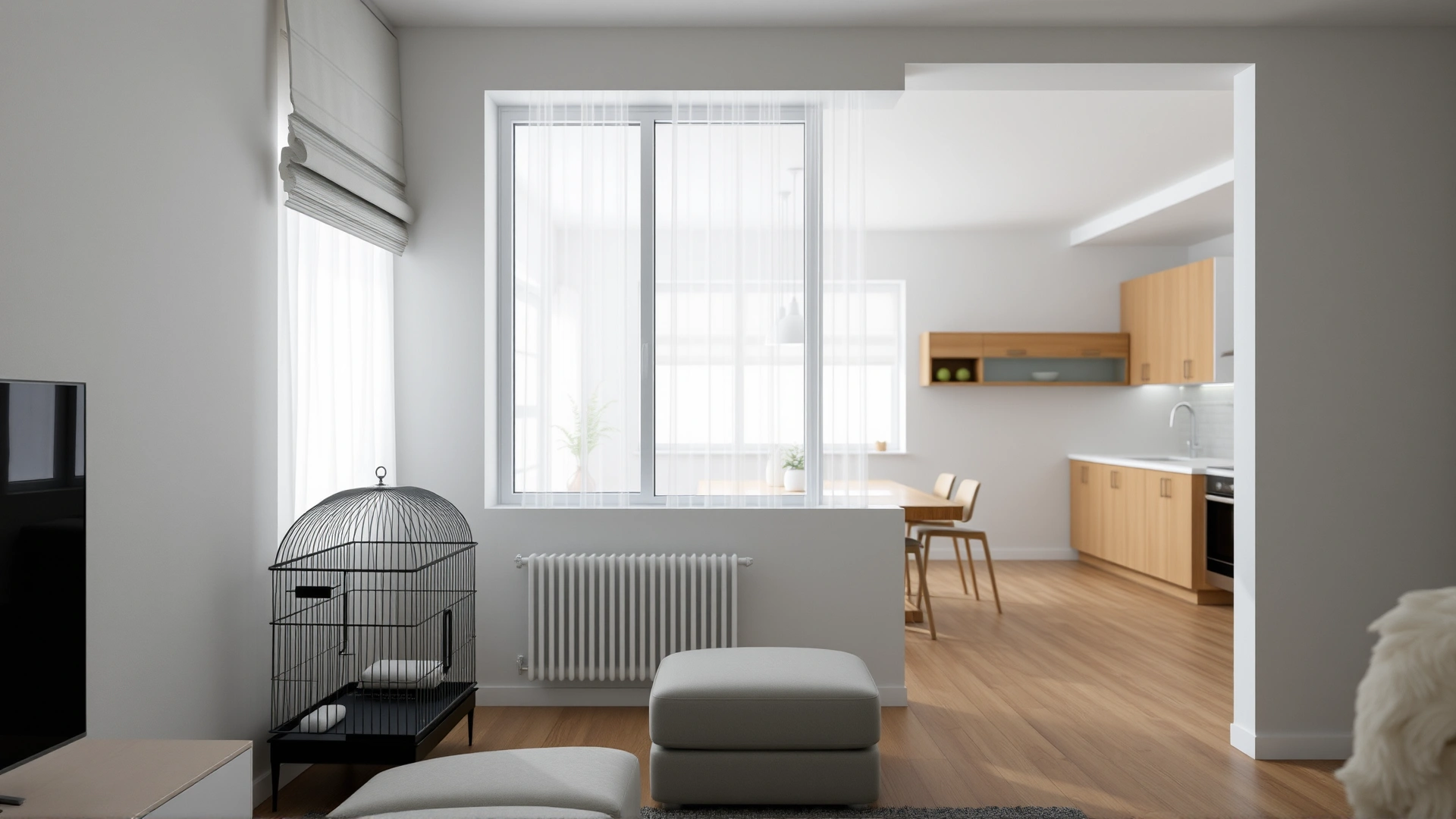 Modern living room corner with a bird cage placed against a wall near a window with filtered light; kitchen visible in distant background but far away.