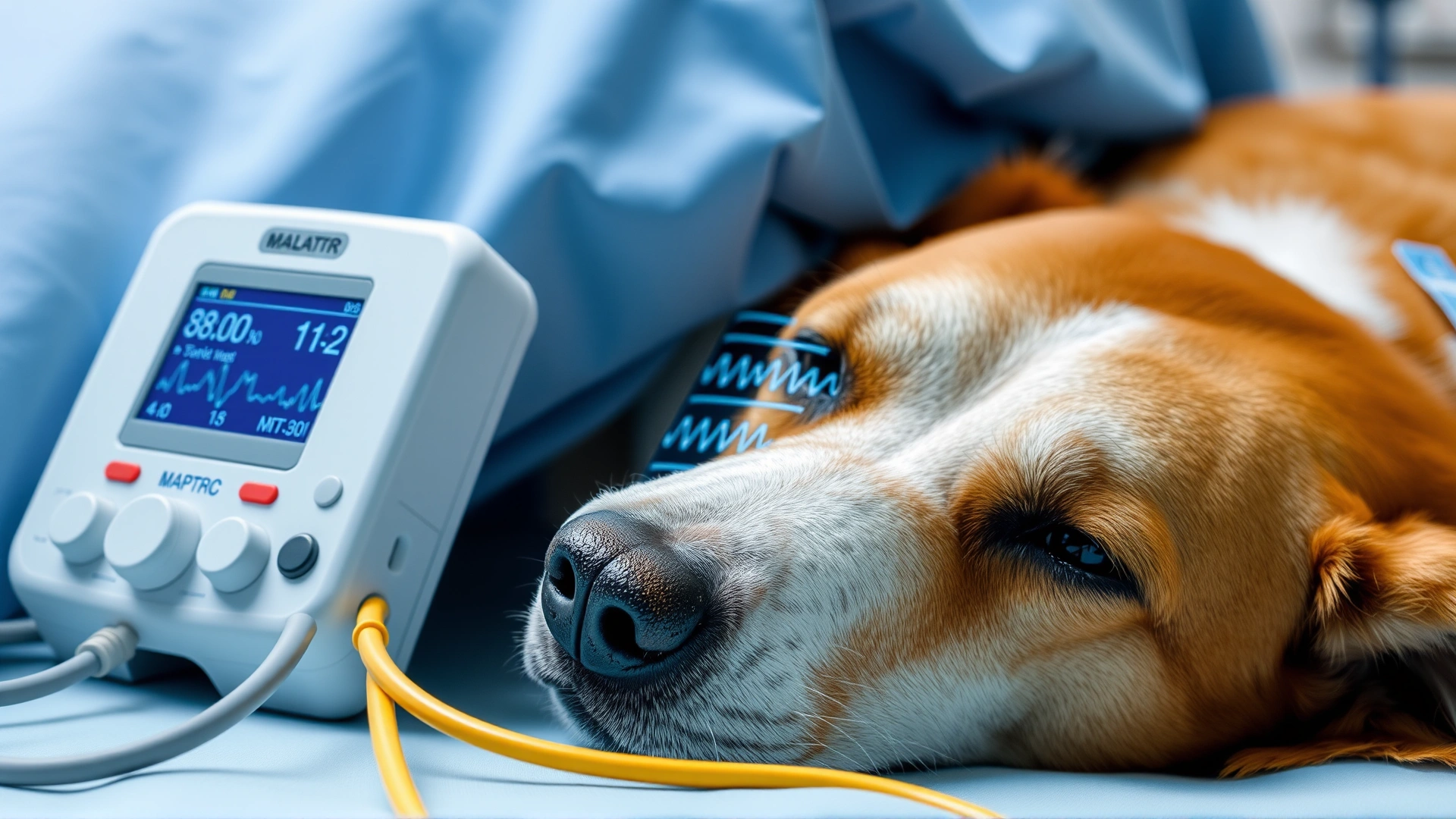 Close shot of a monitoring device displaying vital signs next to a dog under anesthesia, with cables and sensors attached
