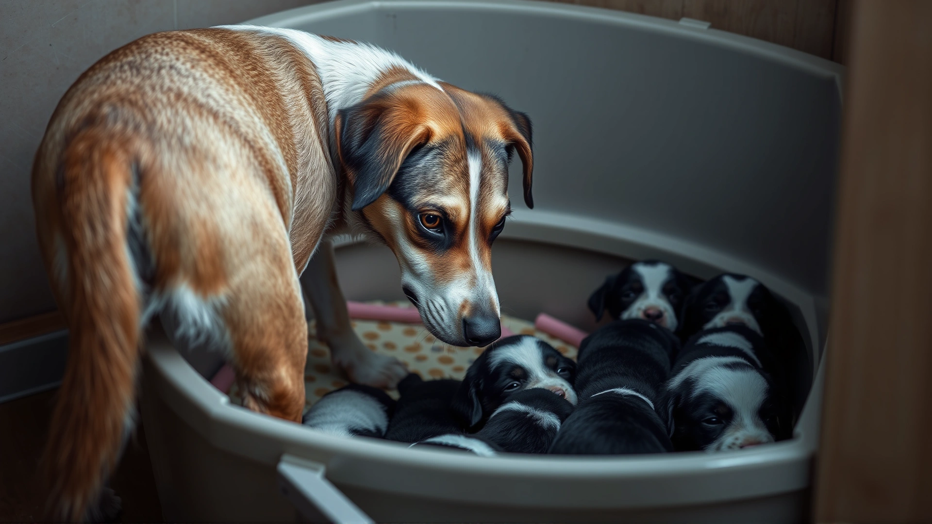 An anxious-looking mother dog turning her head away from crying puppies in a whelping box, illustrating inadequate maternal care.