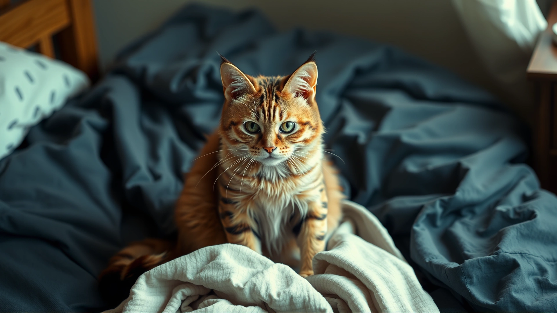 Cat sitting on a pile of clothes on the bed looking guilty